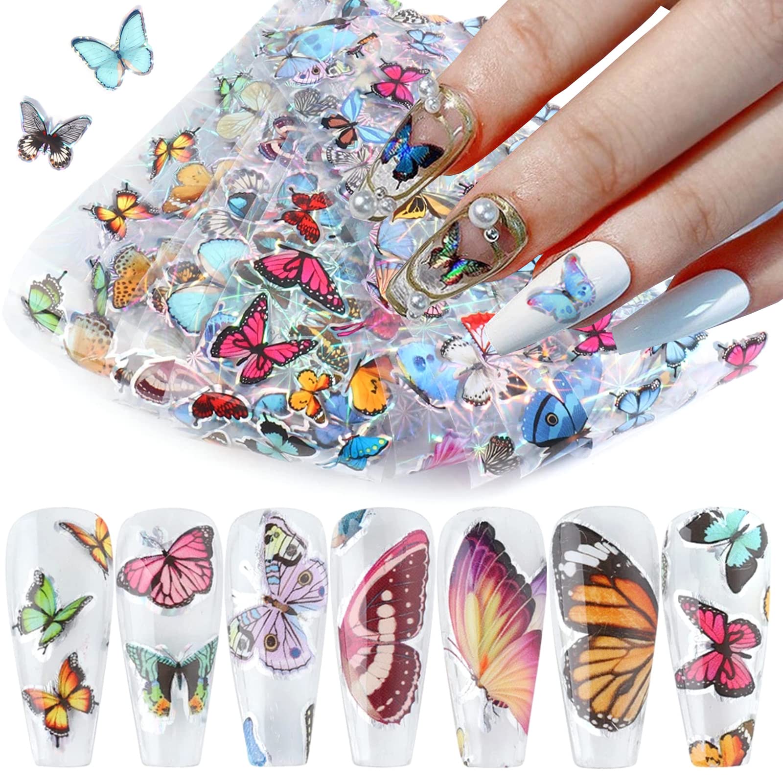 Holographic Nail Foil Transfer Stickers Decals, Butterfly Nail Foils Polish Sticker, Laser Glitter Big Butterflies Nail Art Design Supplies for Nail