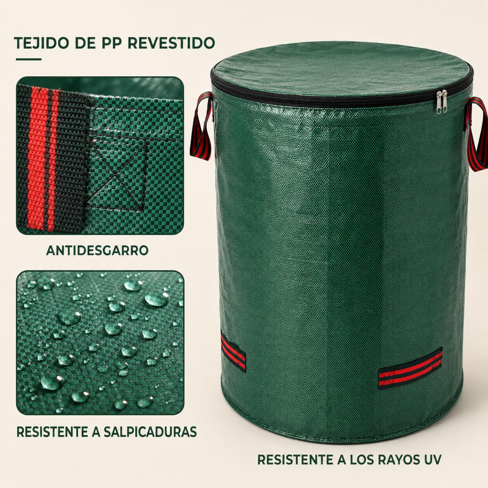 Sacchi Giardinaggio, 3 × 500 L, 4 Manici e Coperchi con Zip | 3 Sacchi da Giardino Riutilizzabili da 500 L con 4 Manici Rinforzati, Anello di Sostegno e Coperchio con Zip