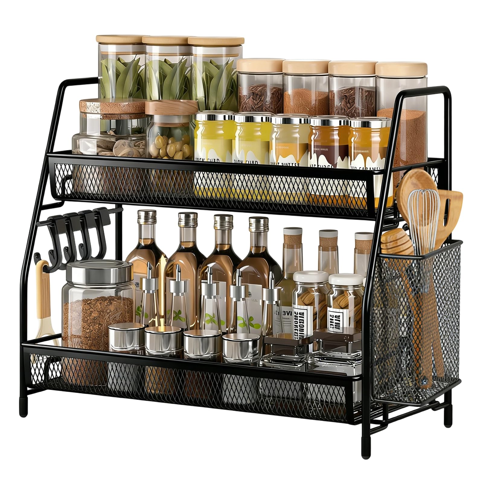 Eidoct Black Spice Racks, 2 Tier Cupboard Shelf Organiser With 4 Hooks And Side Basket, Coffee Station Organizer For Countertop Coffee Bar Accessories And Organizer, For Bathroom, Kitchen, Holiday Decorations