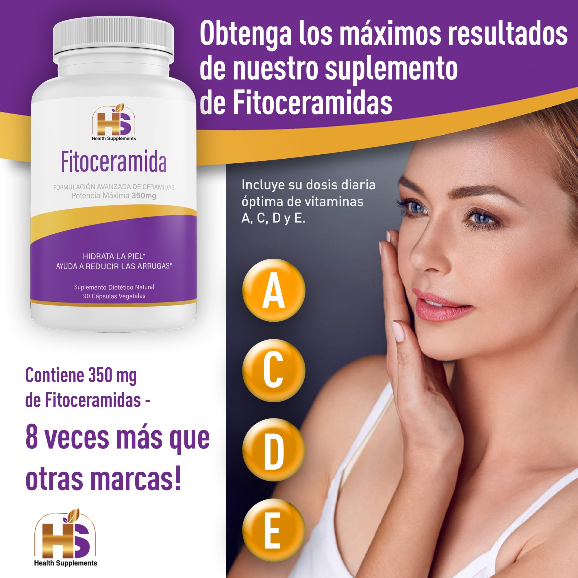 Fitoceramida 350 mg, 90 cápsulas de ceramida de arroz, ayuda a reducir las arrugas e hidratar la piel desde el interior. 100% natural, libre de OGM, sin gluten