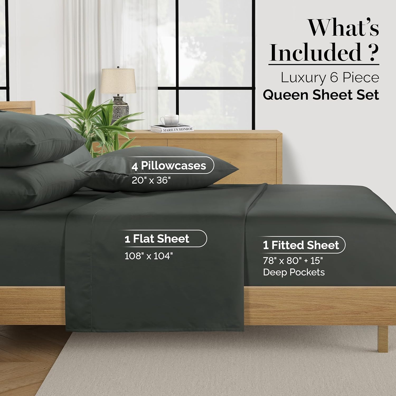 Casa Platino 100% Egyptian Cotton Sheets Queen Size Set - 6 Pcs (1 Flat, 1 Fitted, 4 Pillowcases) - 1000 Thread Count - Ultra Smooth Sateen Weave Bed Sheets Set with 15" Deep Pockets - Dark Grey Queen 06: Dark Grey image 6 of 9 B0DZXTQ6KP