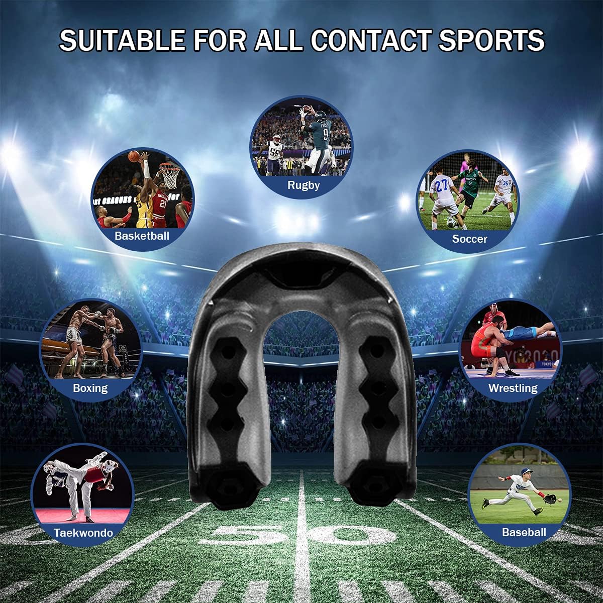 Funmic 2 Pack Football Mouth Guard for Youth, Sports Football Mouthpieces with Strap, Mouthguard for Boxing, Lacrosse, Hockey, Basketball and All Contact Sports to Protect Braces Football Gear Black : Sports & Outdoors