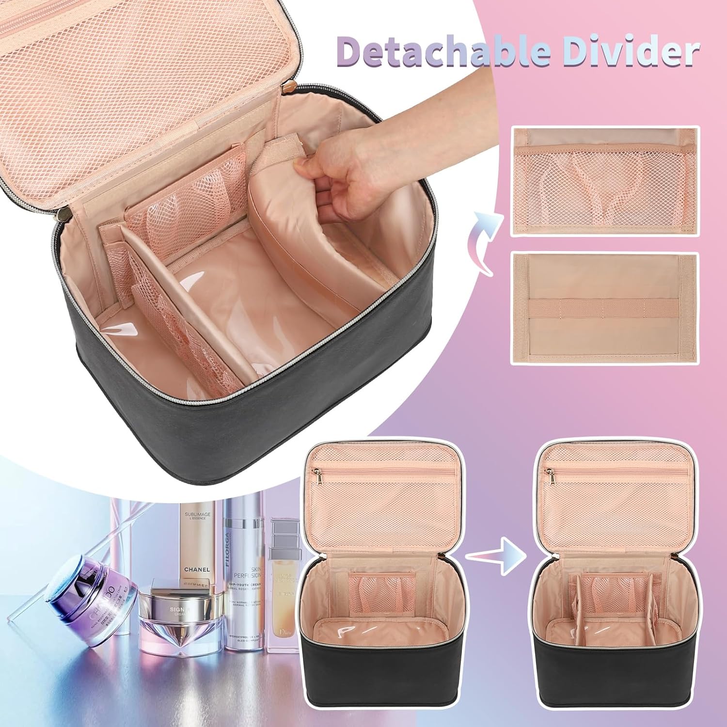 OCHEAL Travel Makeup Bag, Large Make up Bag Organizer Cosmetic Case with Detachable Brush Divider and Multi-purpose Comparement,Waterproof Portable for Toiletry Accessories Makeup Tools-Black - Image 2