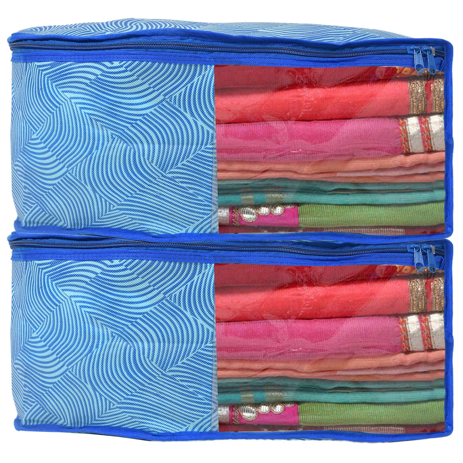 Kuber Industries Lahariya Printed Non-Woven Blouse Cover Wardrobe Organiser Clothes Storage Bag With Front Window- Pack of 2 (Blue)-44KM0544