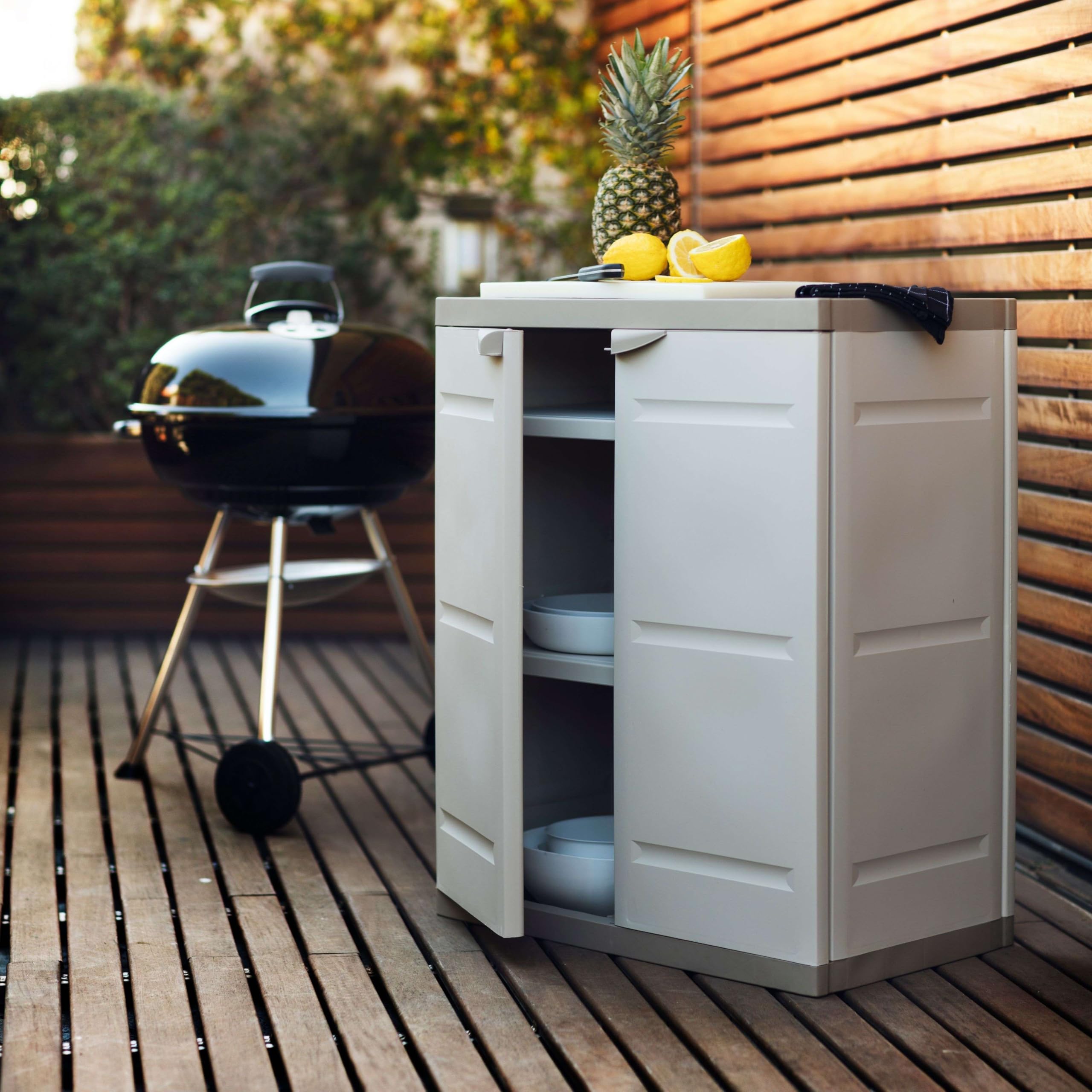 Miroytengo Armadio 2 ante e 2 ripiani interni, armadio basso esterno, armadio in resina titanio beige 70x88x41 cm