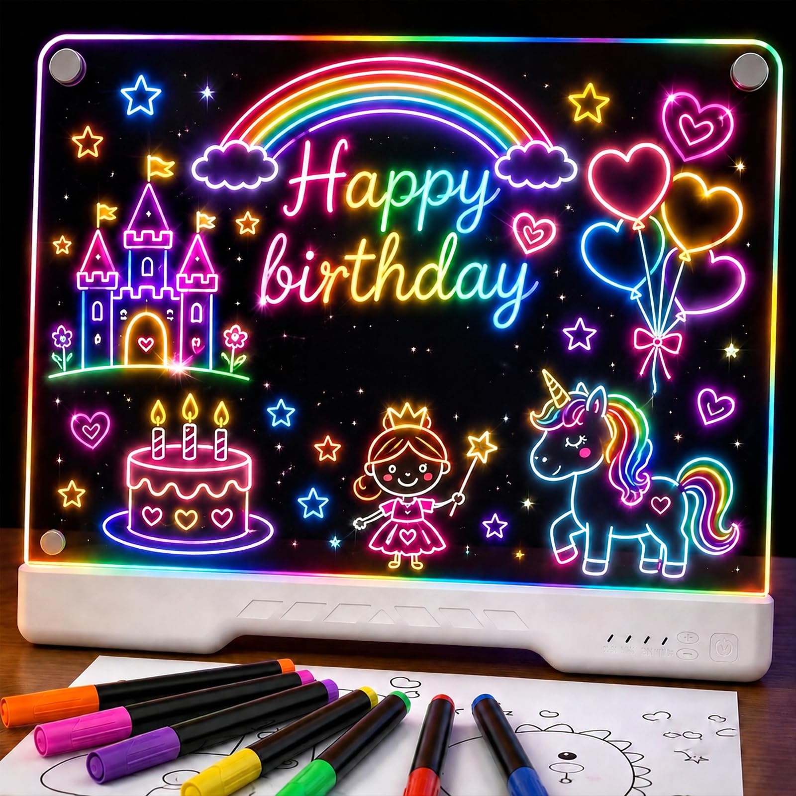Tabla de Dibujo LED 16 Pulgadas Recargable con 7 Colores y Brillo Ajustable, Pizarra Neon Art