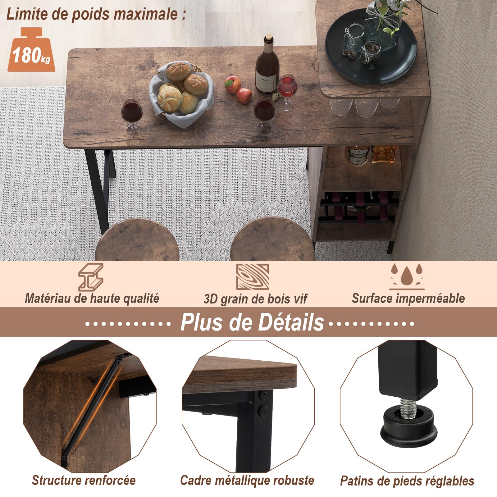 GOPLUS Ensemble Table de Bar et Tabourets 3 Pièces,Table Bistro avec Porte-Verres et Étagères, Table de Comptoir de Cuisine avec 2 Tabourets pour Maison, Salle à Manger, Restaurant, Bar (Café)
