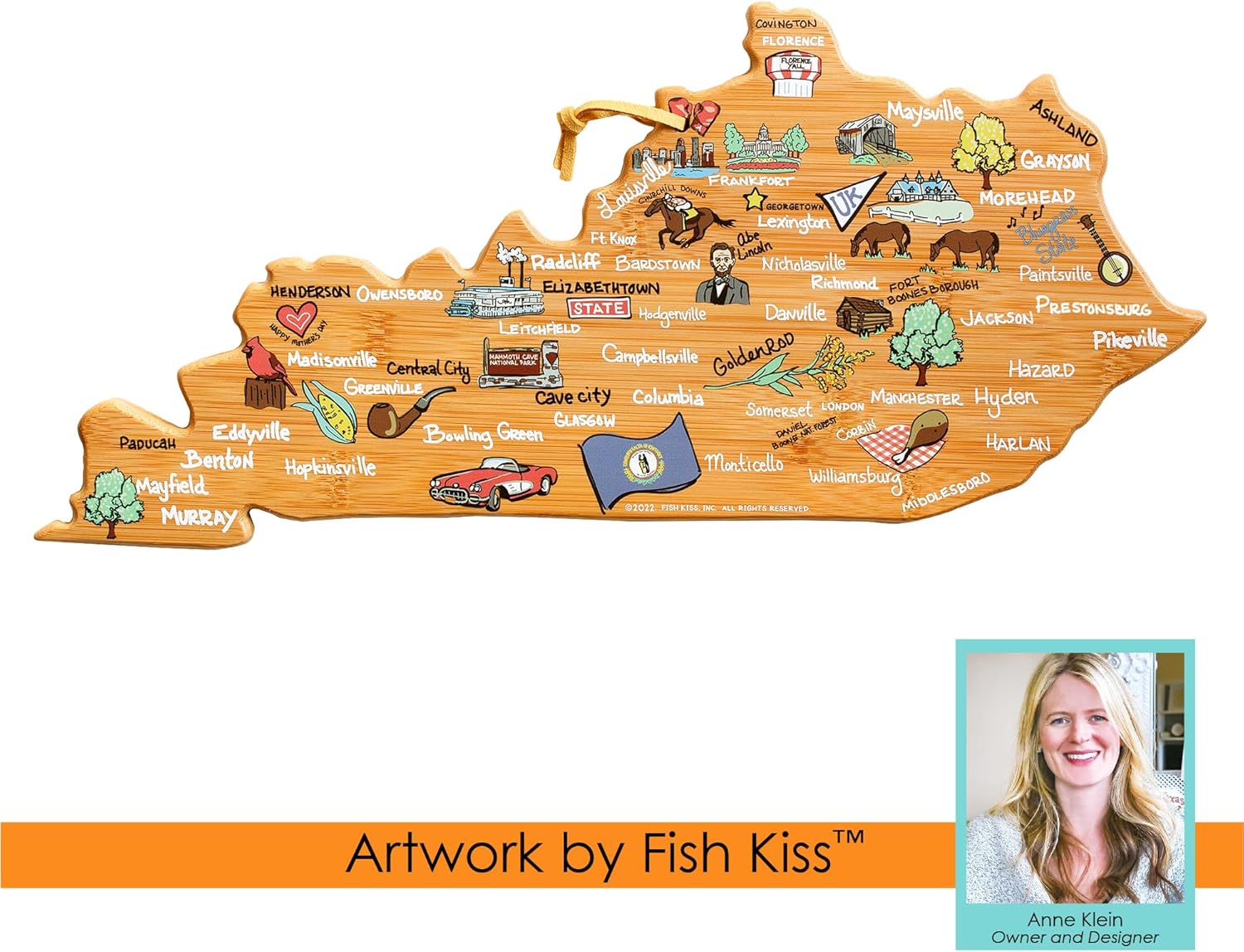 Totally Bamboo Kentucky State Shaped Cutting Board and Charcuterie Serving Platter with Artwork by Fish Kiss, Includes Hang Tie for Wall Display - Image 7