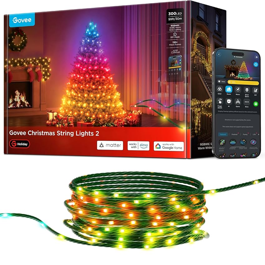 Govee Luci Albero di Natale 30M, Decorazioni di Halloween e Natale per Esterni e Interni, 300 LEDs RGBWIC con Shape Mapping e AIGC, 130+ Modalità di Scena, IP67, Compatibili con Matter, Cavi Verdi