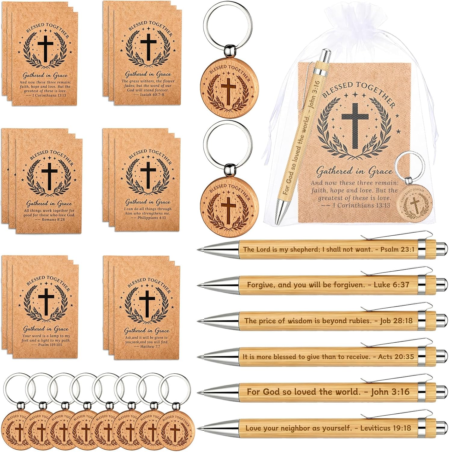 AUITRONCARE 120 Pcs Christian Gifts Bulk 30 Sets Bible Verse Notebooks Wooden Keychains Bamboo Pens Organza Bags for Church Sunday School VBS Bible Study Prayer Group Religious Supplies