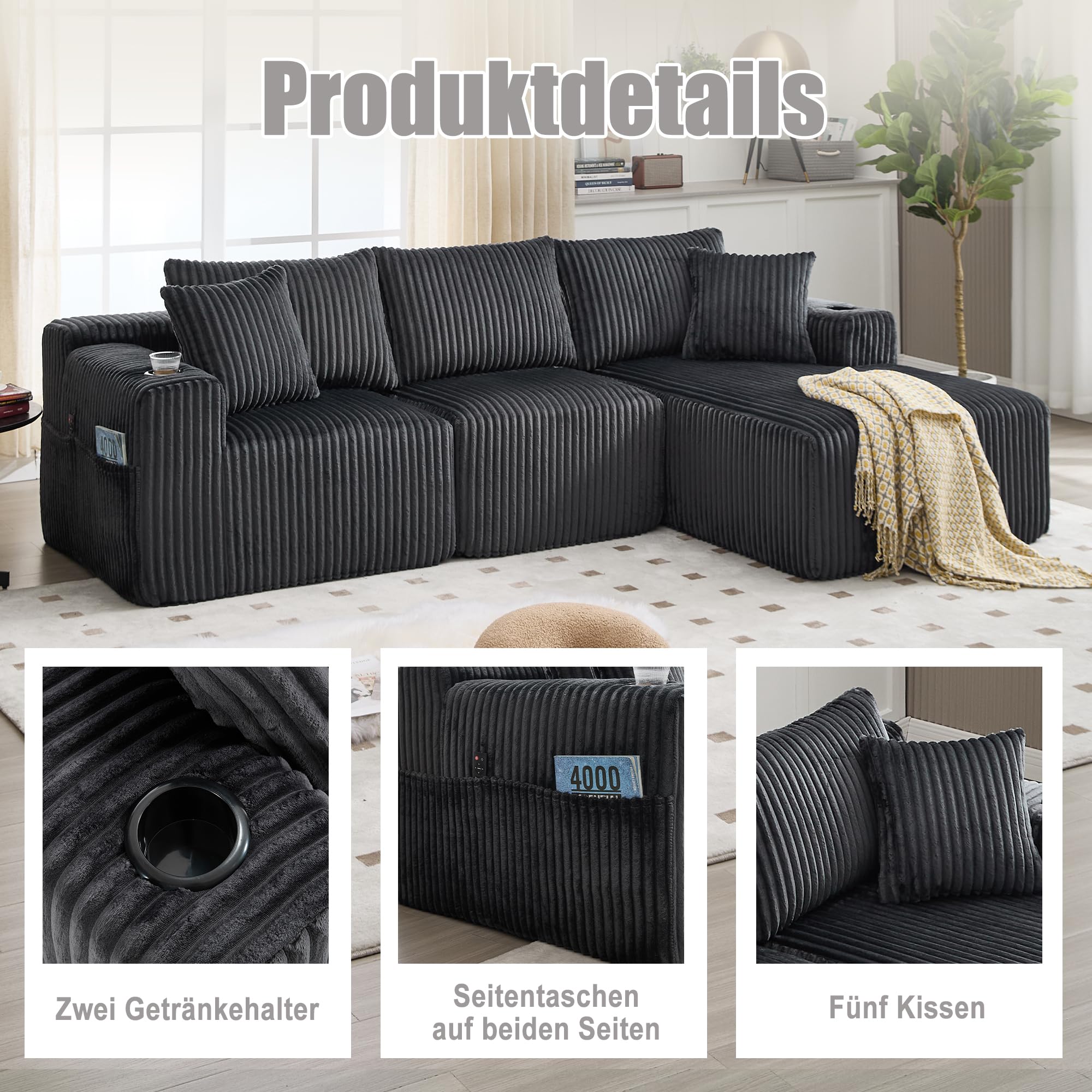 Ball & Cast L-förmiges Eckcouch mit Schlaffunktion, 3-Sitzer Sofa mit 2 Getränkehalter aus Cordbezug für das Wohnzimmer Wohnung Studio, 257 x 62 x 160 (BxHxT), Grau
