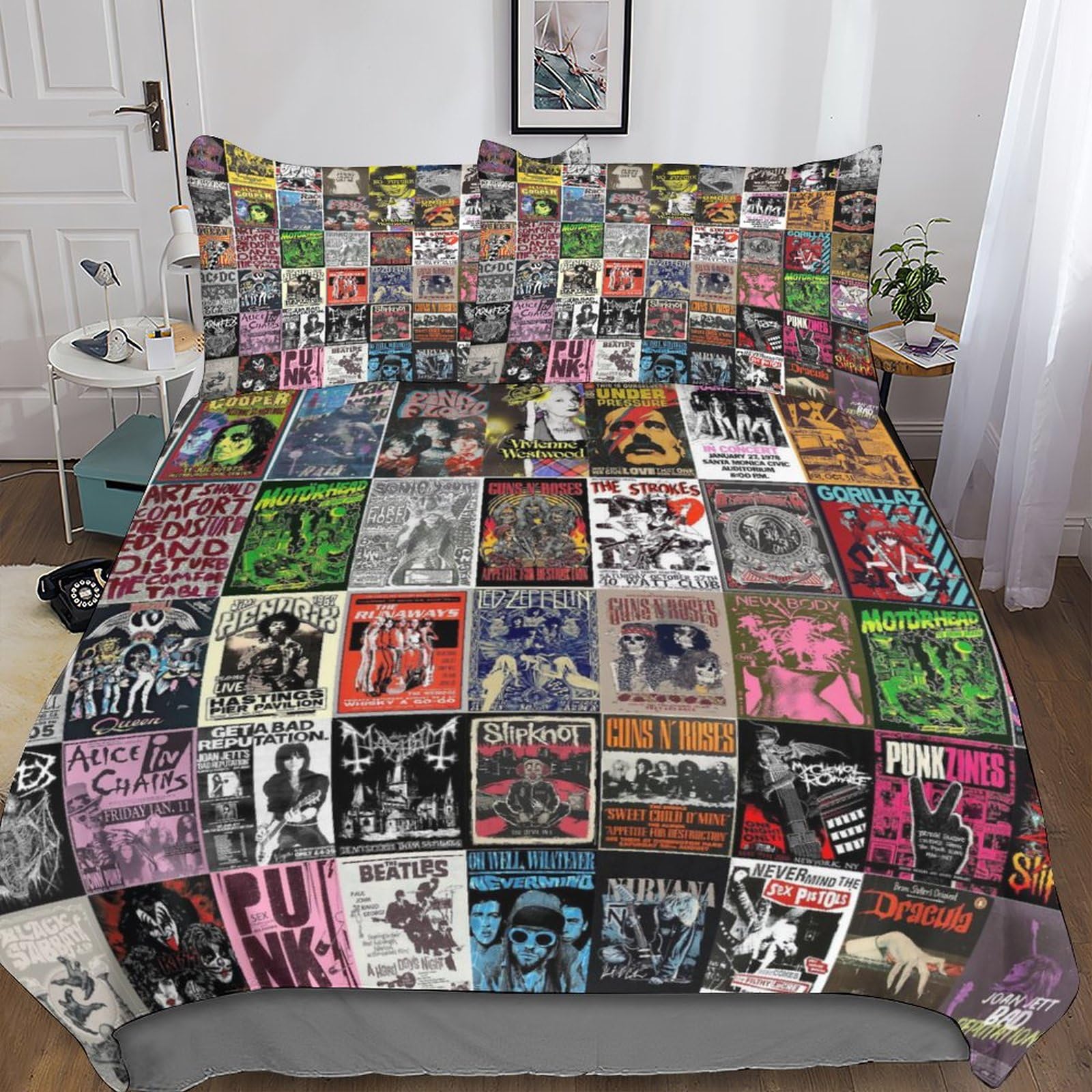 Prima il rock Set Copripiumino in Microfibra Morbida 3 Pezzi,Stampa 3D Motivo,Musica punk rock Copripiumino in Microfibra E Federe Cuscino,Chiusura Cerniera Per Ragazzi E Ragazze Double（200x200cm）