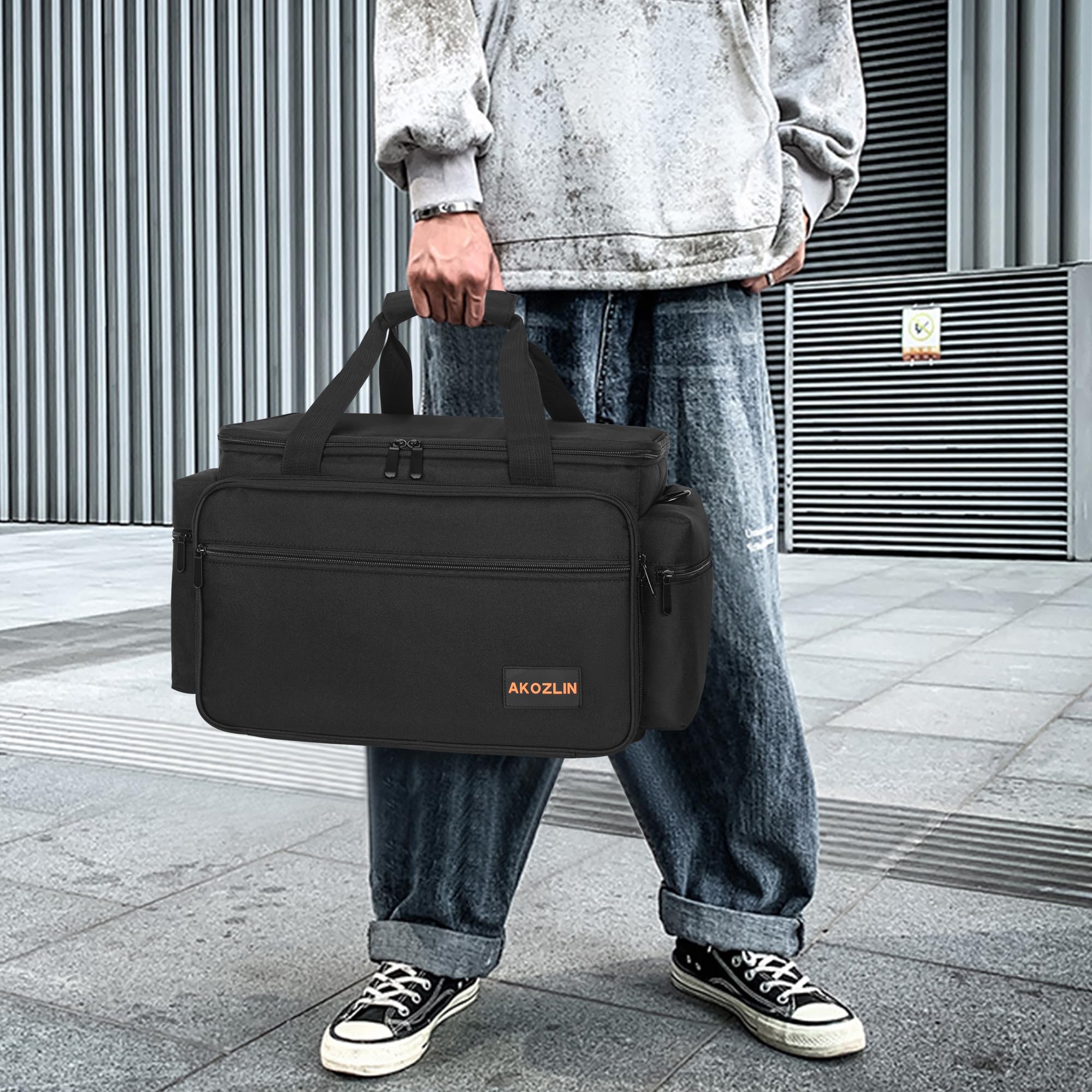 AKOZLIN Borsa per file da DJ con divisori staccabili e tasche inferiori per cavi per musicisti, borsa da viaggio per laptop da 15", attrezzatura professionale per DJ, strumenti audio e accessori per