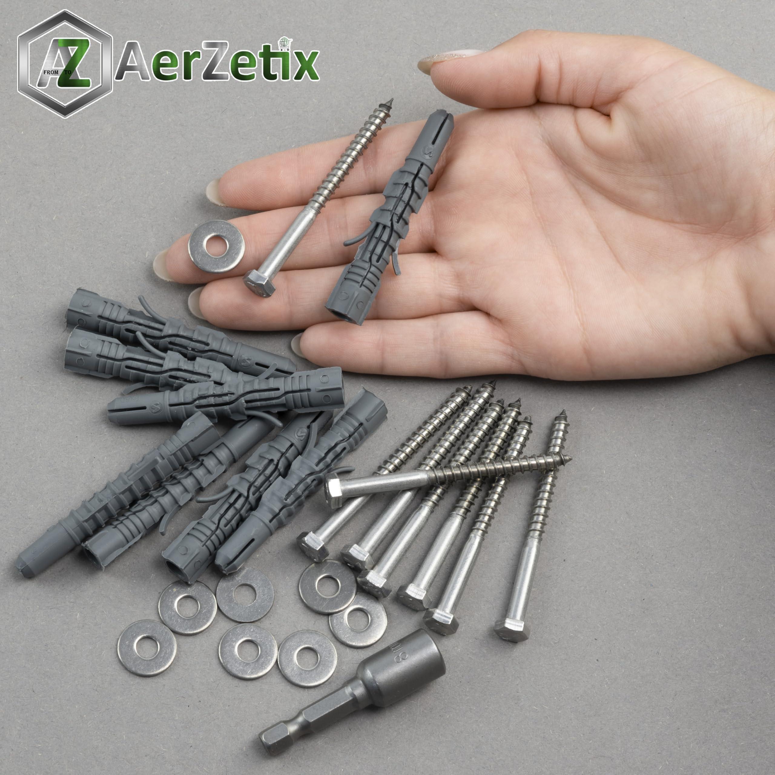 AERZETIX - Kit di 8 tasselli in nylon Ø8x60 mm + 8 viti tirafondo Ø5x60 mm inossidabile A2 + 8 rondelle larghe A2 per vite M5 + 1 bussola esagonale interna 1/4" SW8