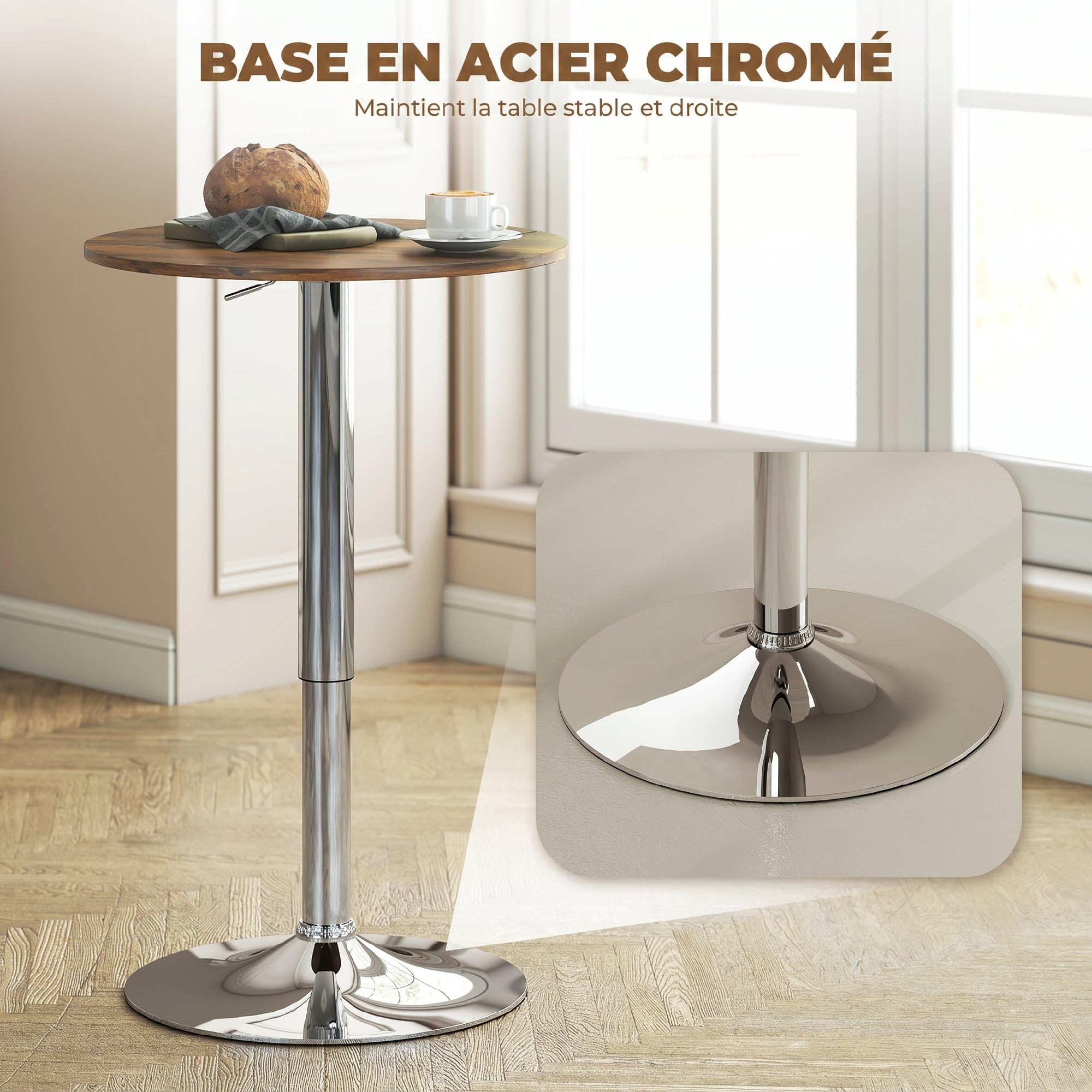HOMCOM Table de Bar Table Bistro Hauteur Réglable 67-93 cm Ø 60 cm Marron