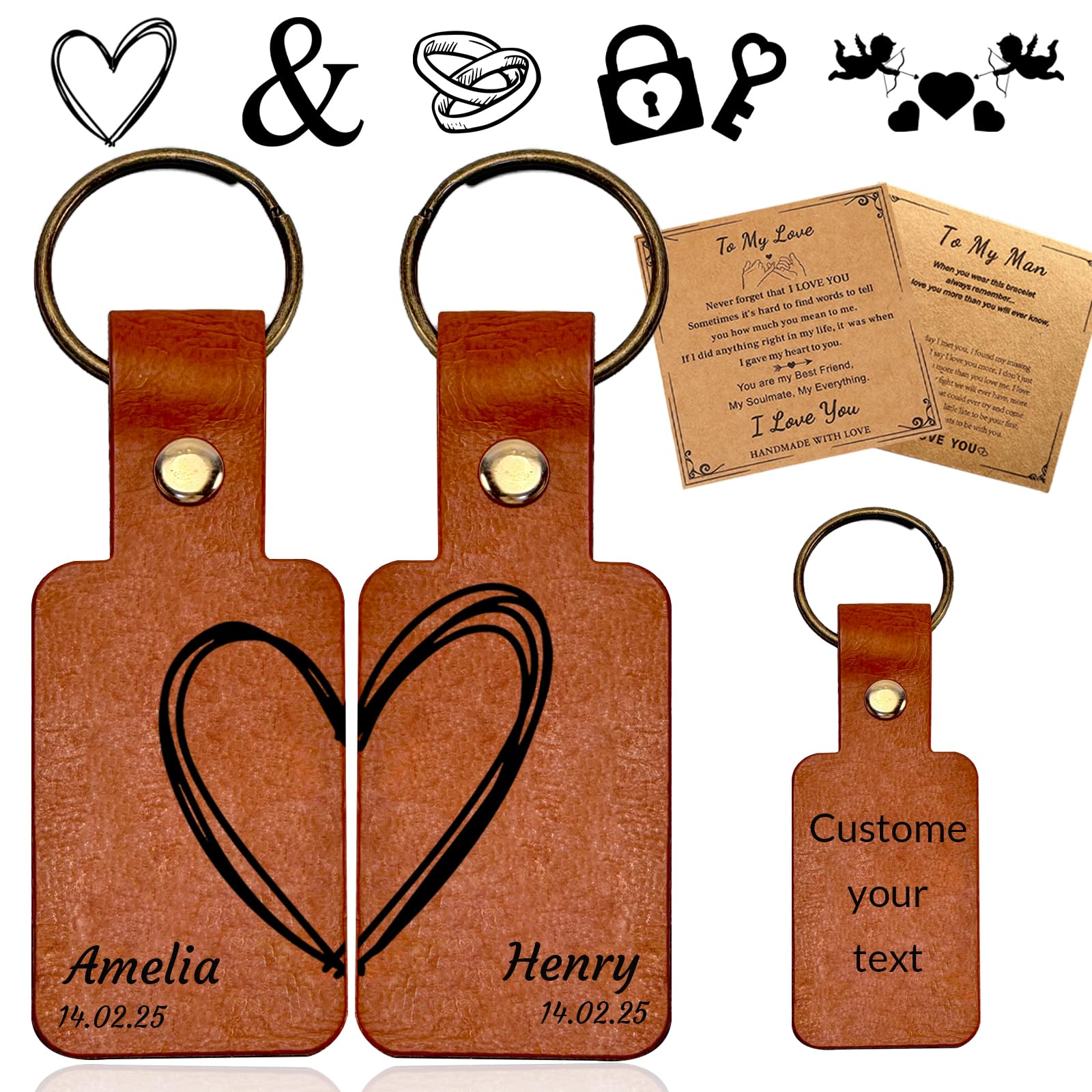 AAQ Personalised Keyring, Custom Engraved Leather Key Ring with Name/Text, Customised Matching Keychain for Boyfriend Girlfriend Valentine's Day
