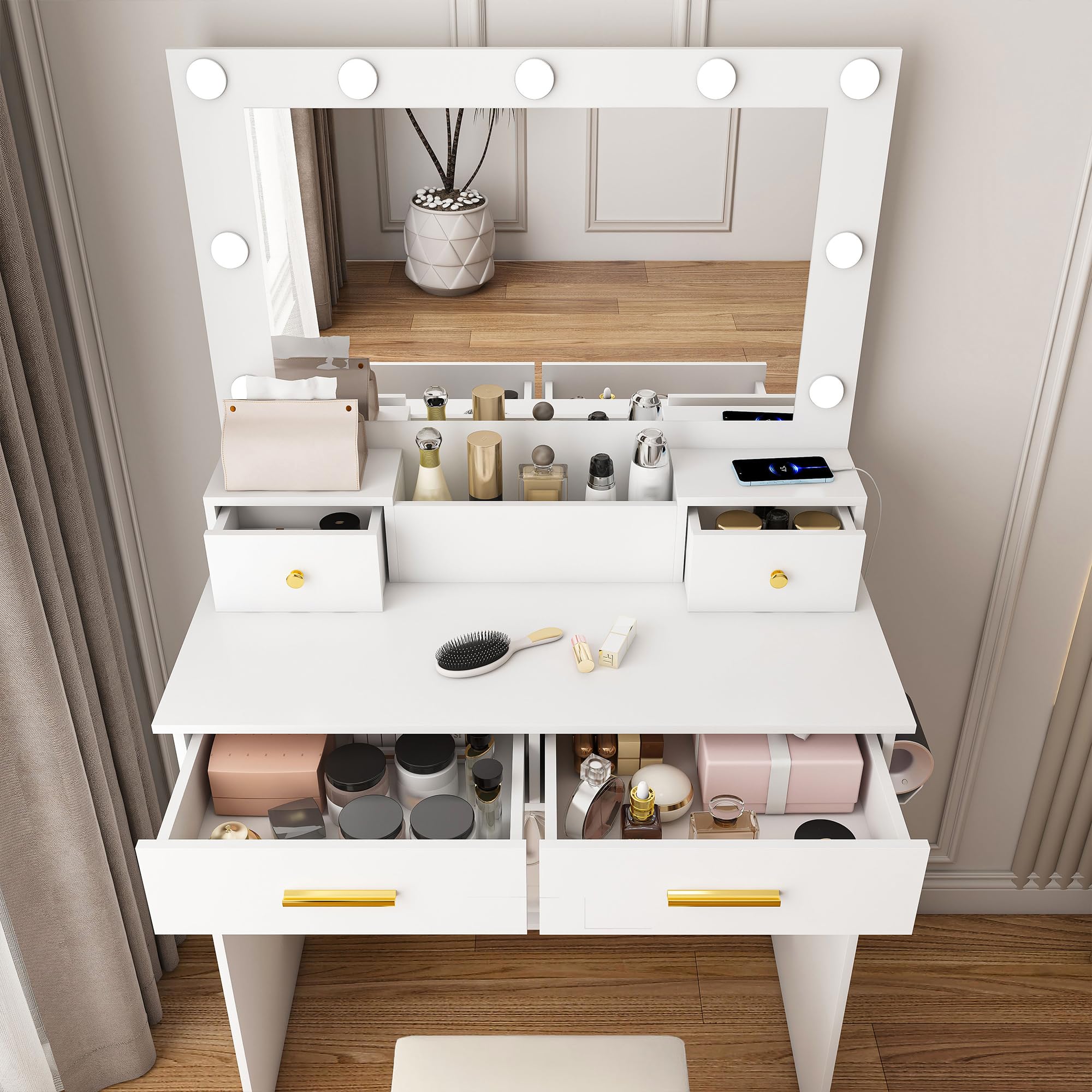 Schminktisch mit Beleuchtung, Hocker und Steckdose, 4 Schubladen, 80 cm