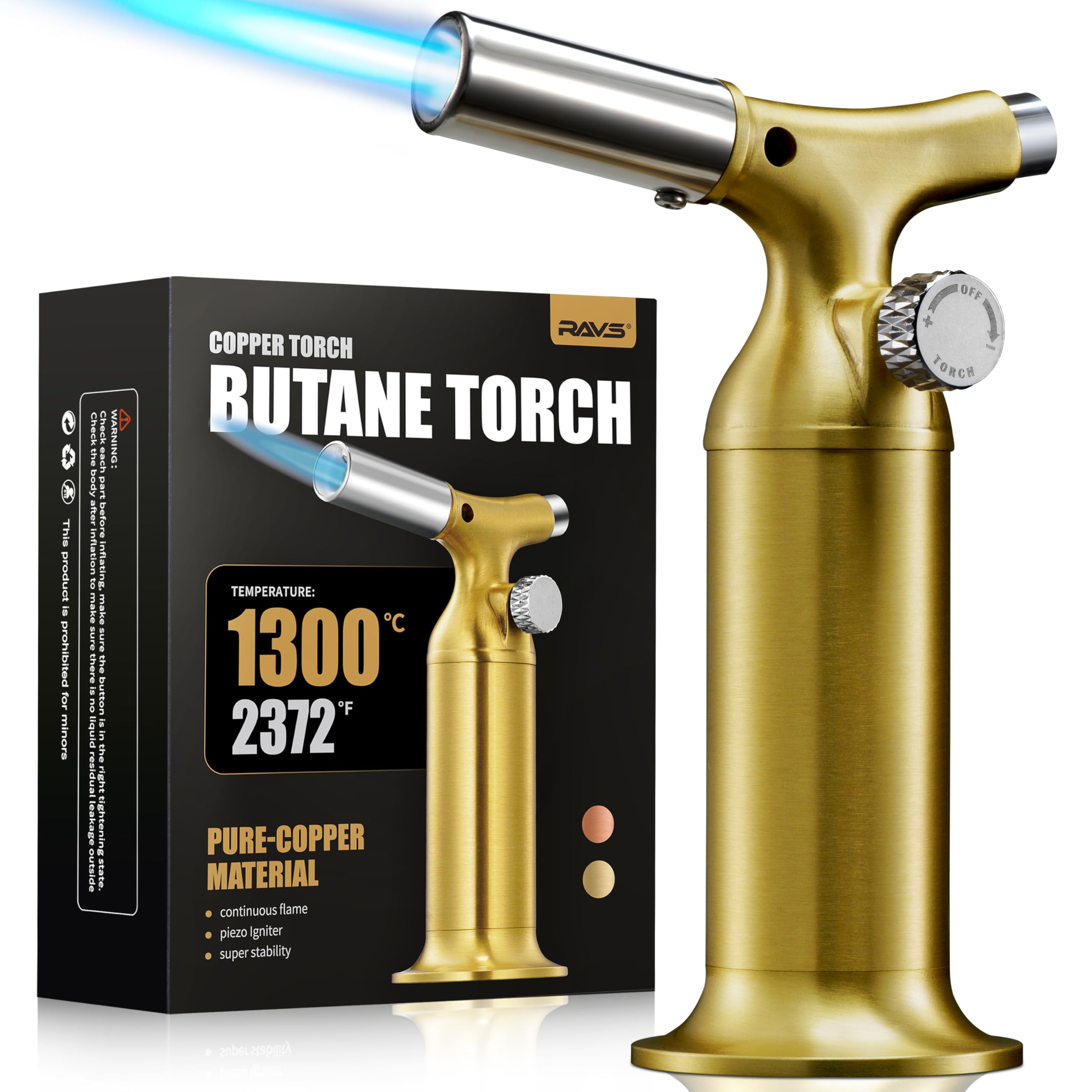 RAVS Butane Torch Lighter with Solid Copper Design, Kitchen Torch Lighter with Adjustable Flame, Refillable Creme Brulee Torch for Cooking, Soldering,