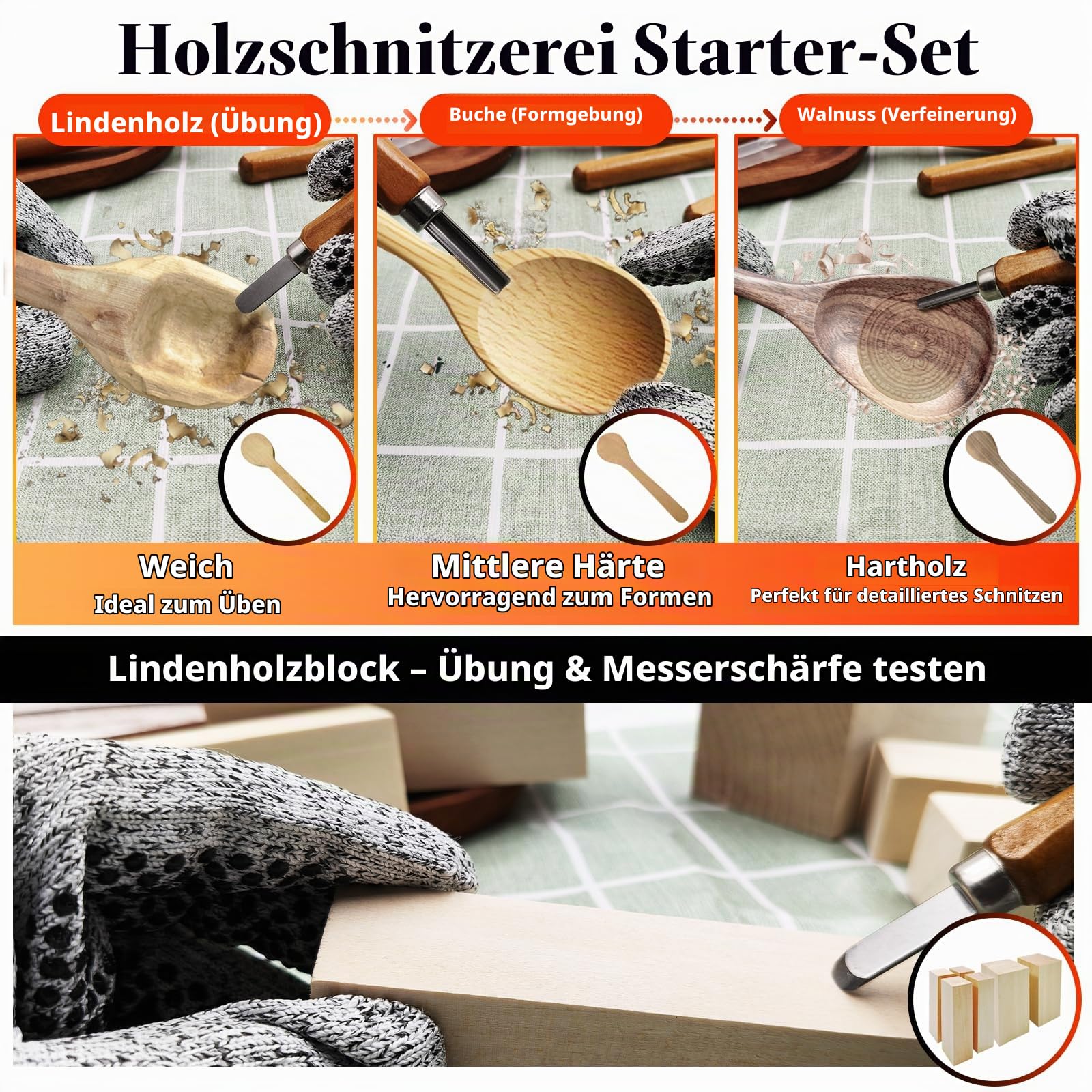 SNAIL GARDEN 23-teiliges Schnitzset für Anfänger mit Messern, Schleifzubehör, 3 Löffelrohlingen & Aufbewahrungstasche – Holz Schnitzwerkzeug Set für Erwachsene