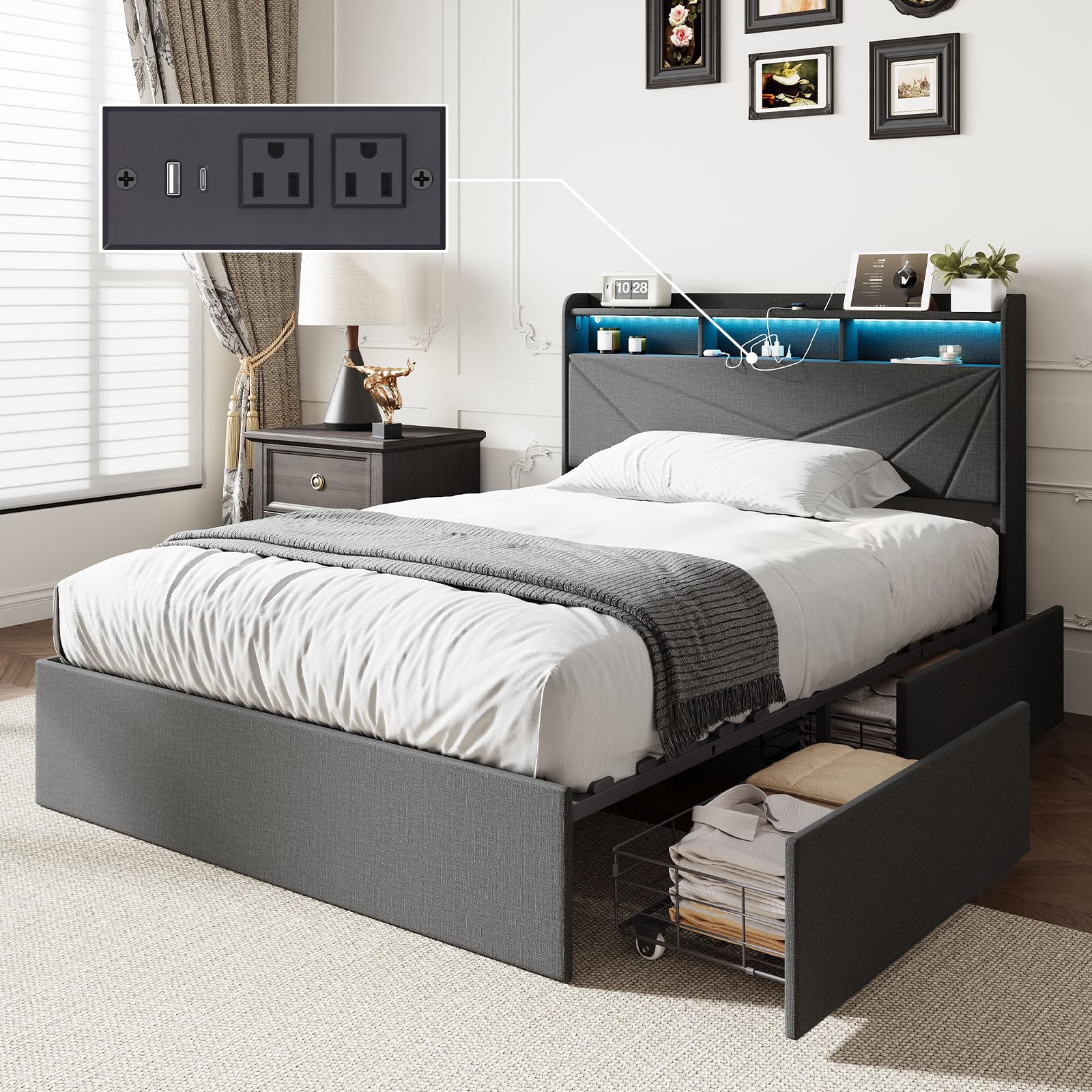 MALOL Bed Frame,Full Bed Frame with Headboard & Storage Shelf, Metal Platform Bed Frame with 4 Storage Drawers, Built-in Charging Station, Led Light,