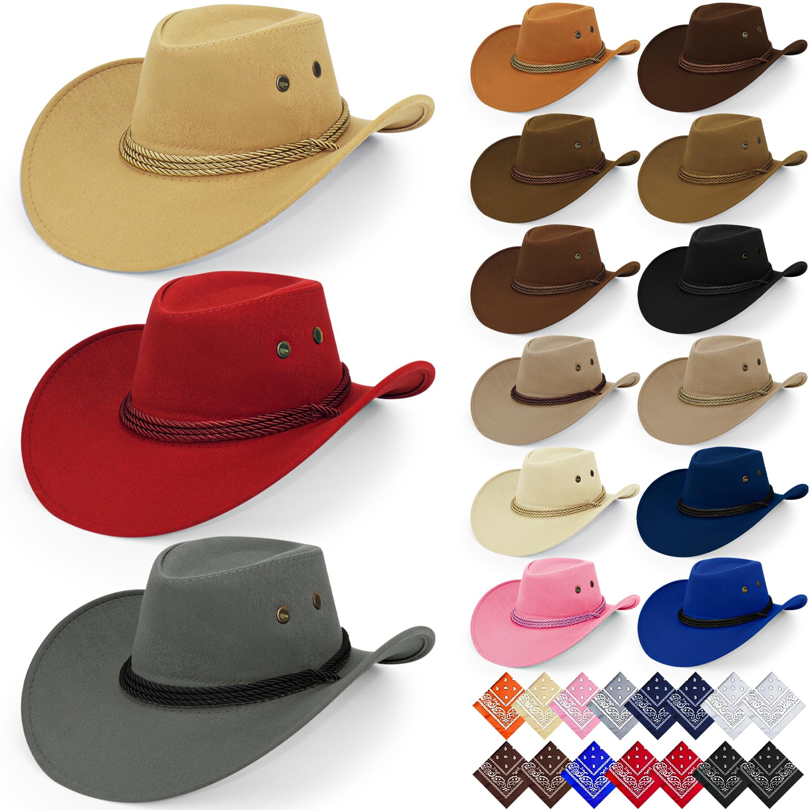 Set di 15 cappelli da cowboy, cappello da cowboy occidentale con 15 bandana per adulti, cappelli da cowboy, cappello da cowboy, costume da cowboy, cappello da festa, costume da cowboy, costume