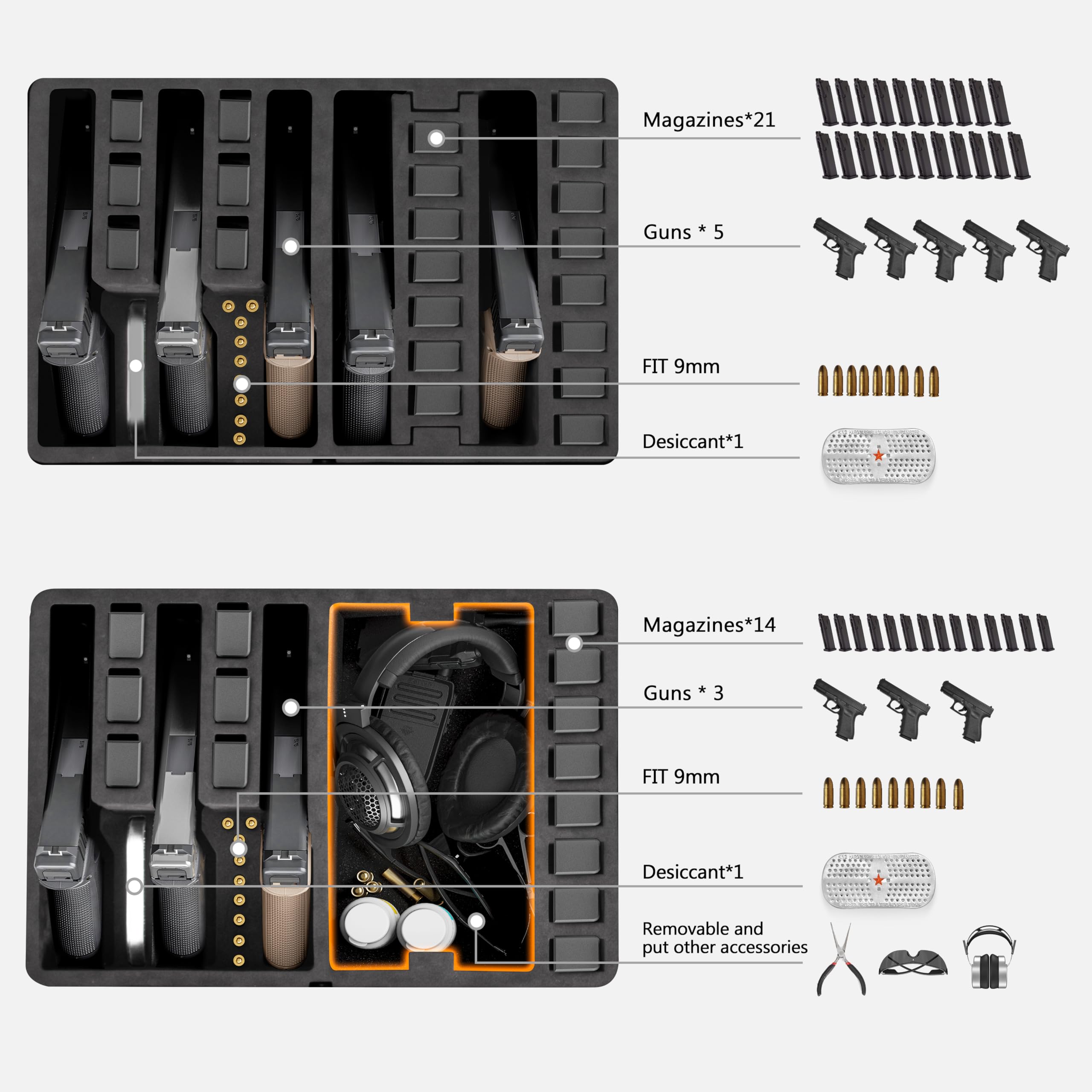 Kinghardcase Valigetta Rigida per Pistole Impermeabile Compatibile con 5 Pistole e 12 Caricatori