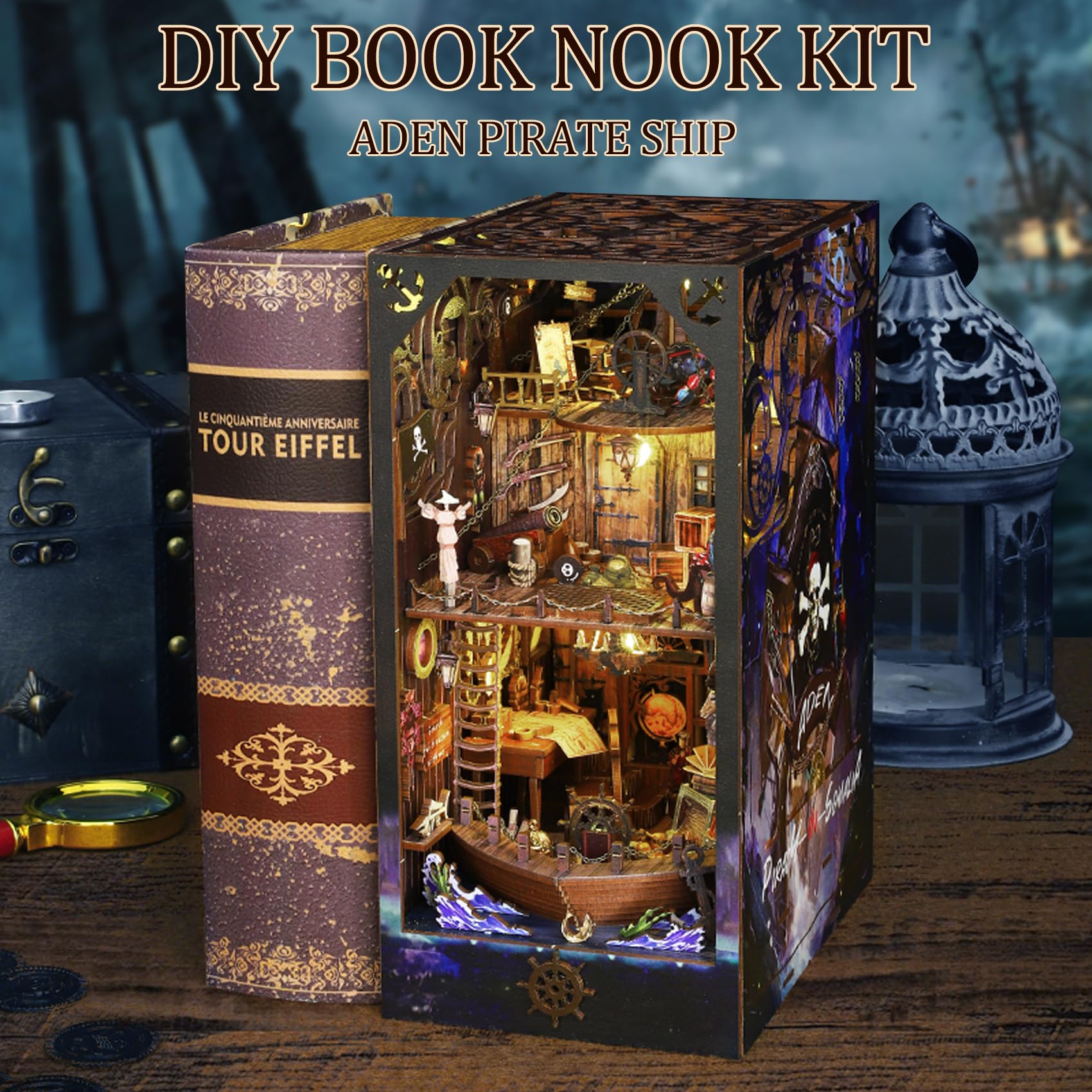 CRIOLPO Book Nook Kit-DIY Doll House 3D Wooden Puzzle Book Nook with Sensor LED Light, Ideal for Bookshelf Insert Decor and Halloween Crafts(Aden)