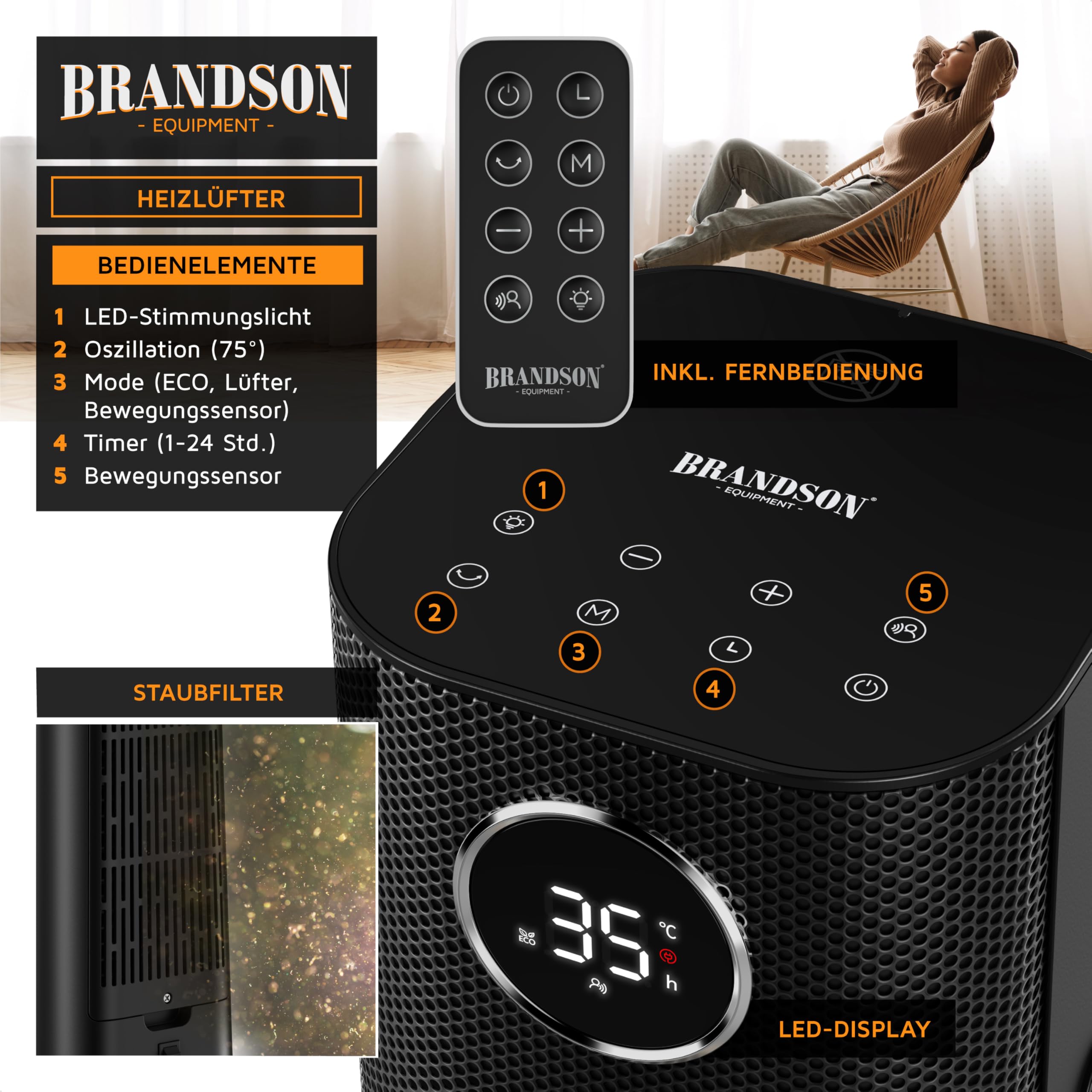 Brandson - Heizlüfter mit Fernbedienung - Preisträger - ECO Modus energiesparend leise - 2000 Watt - Oszillation - Kindersicherung - Timer - LED-Beleuchtung - Bad Wohnzimmer Büro Kinderzimmer