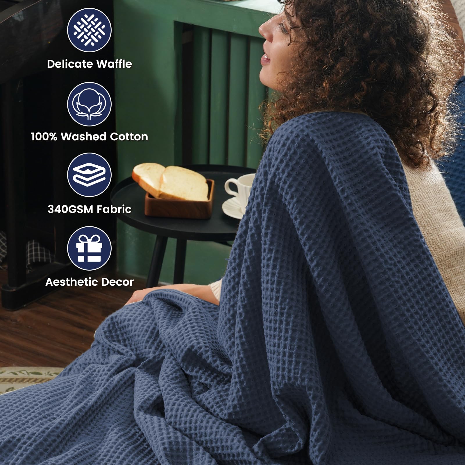 PHF 100% Cotton Waffle Weave Blanket Single Size 130 x 150cm, Pre-Washed Lightweight Breathable Throw Blanket - Image 3