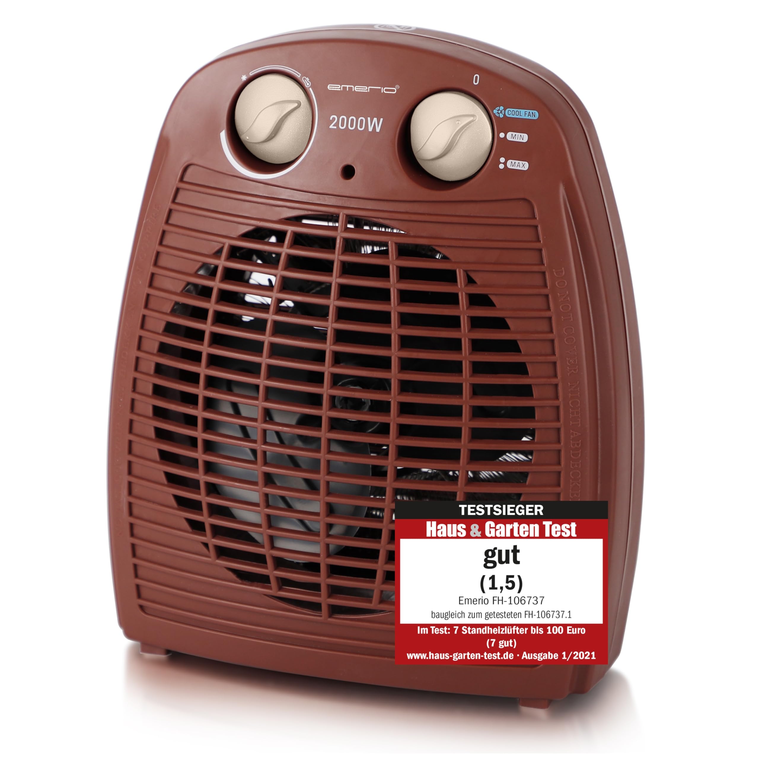 EMERIO Heizlüfter 2000W | klein leicht kompakt portabel | für ca. 25m² | 2 Heizleistungen + Ventilatorfunktion | verstellbarer Thermostat | Kipp-Sicherheitsschalter | Handgriff | FH-106737.13