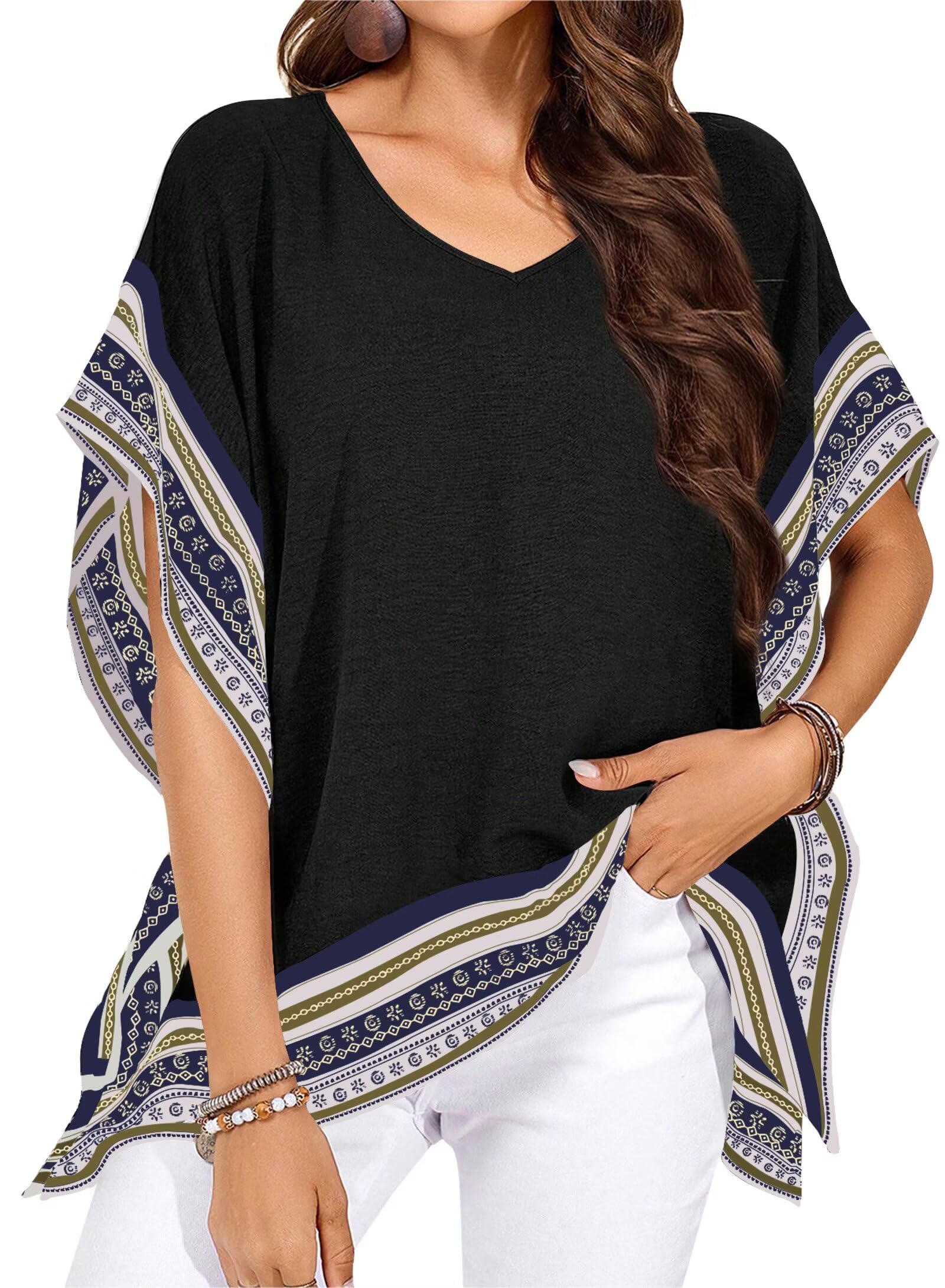 Falechay Women's Casual V Neck Floral Tops Batwing Sleeve Blouse Loose Fitting Shirts Boho Flowy Side Slit Tees