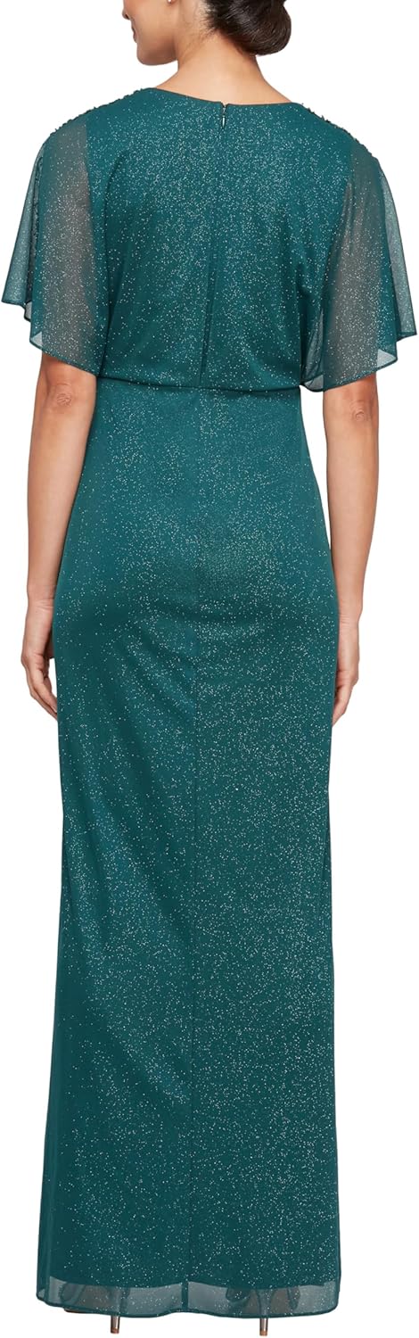 S.L. Fashions Womens Glitter Mesh Stretch Dress W/Shoulder Embellishment Formal Long Gown, (Petite and Regular Sizes) - Image 2