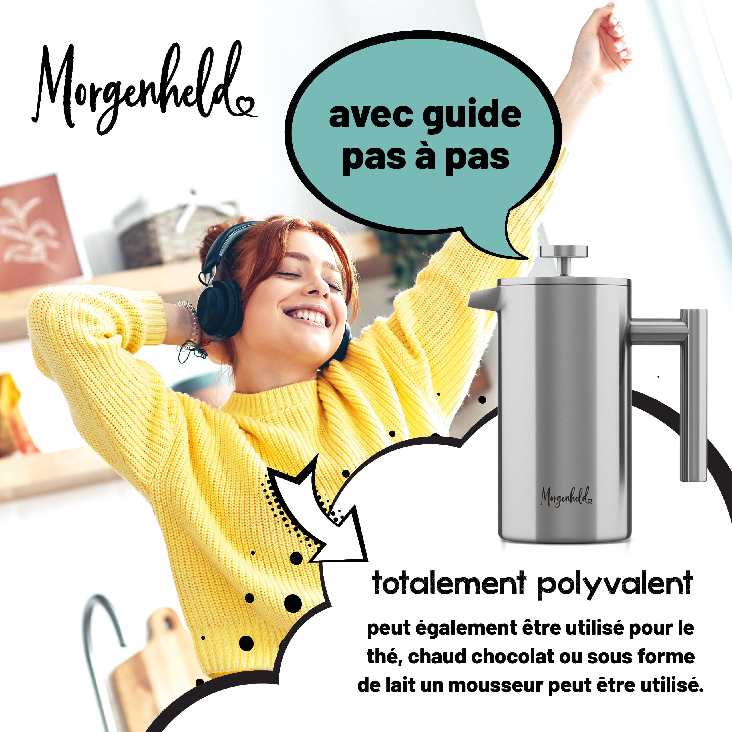 Morgenheld Cafetière à Piston 3 Tasses 600 ml Inox – Double Paroi Induction