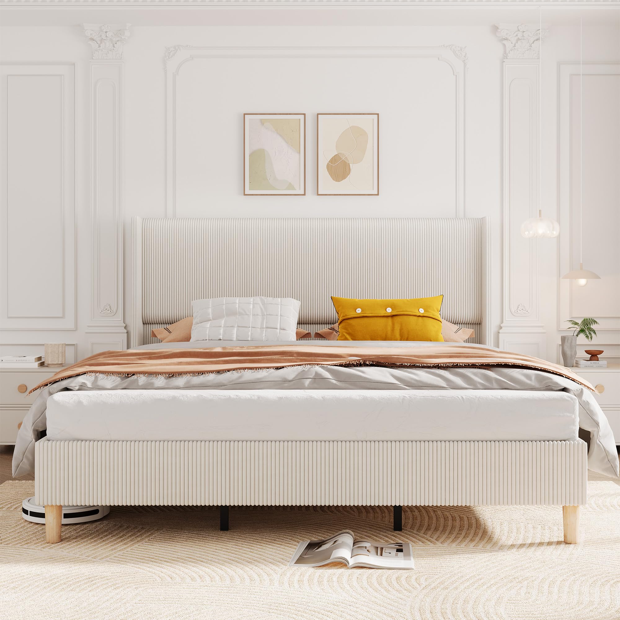 Garvee King Bed Frame with 50" Tall Wingback Headboard, Corduroy Upholstered Platform King Size Bed Frame, No Box Spring Needed, Solid Wooden Slats,