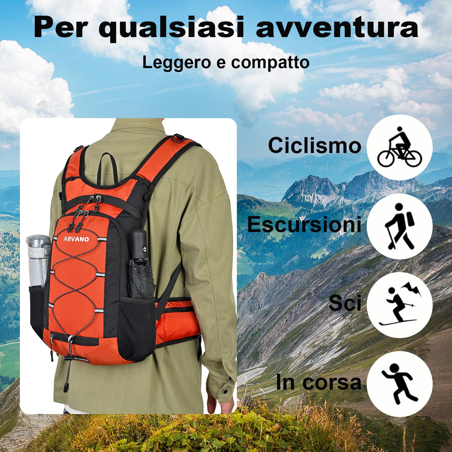 Zaino Bicicletta 15L, Leggero Zaino Idratazione con Sacca Acqua per Ciclismo Sci bici Mountain Bike Corsa Running Snowboard per Uomo Donna