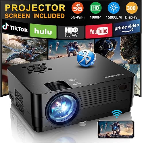 Proyector 5G WiFi Bluetooth nativo 1080P pantalla de proyector y bolsa de transporte incluidas, proyector de película CEBORY 15000LM Full HD,