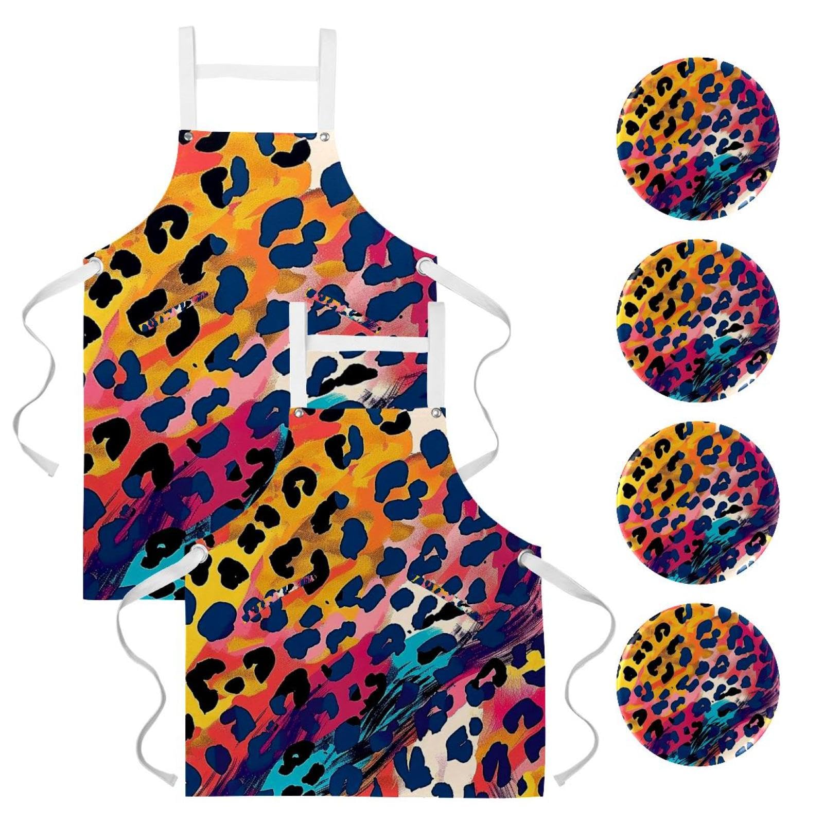 Lot de 2 tabliers de cuisine doux et réglables avec 2 grandes poches pour homme et femme Motif léopard aquarelle coloré, Imprimé léopard coloré aquarelle,