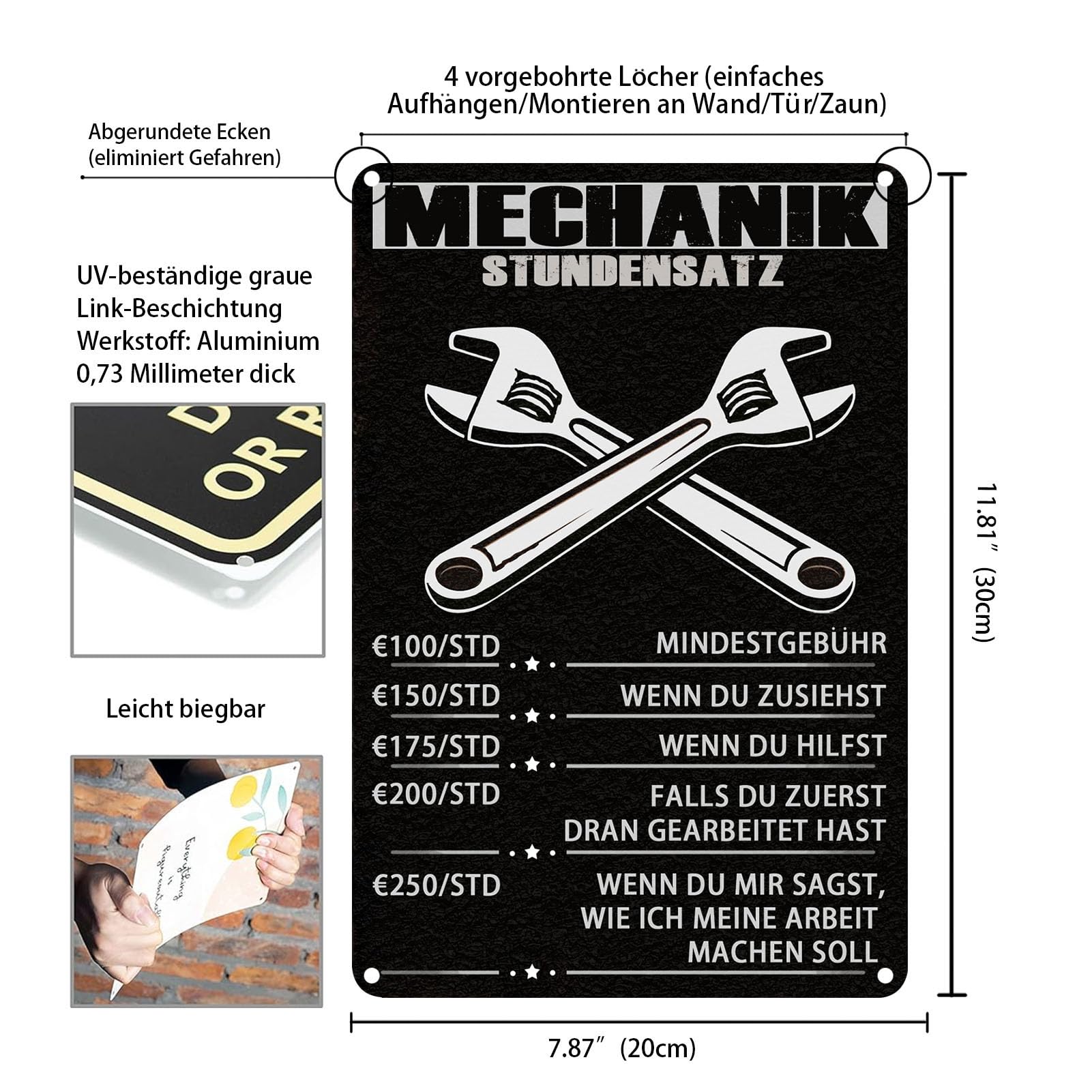 Targa In Metallo 'Meccanico Tariffa Oraria' – Cartello Divertente Per Garage E Officina – 20x30 Cm – Idea Regalo Uomo