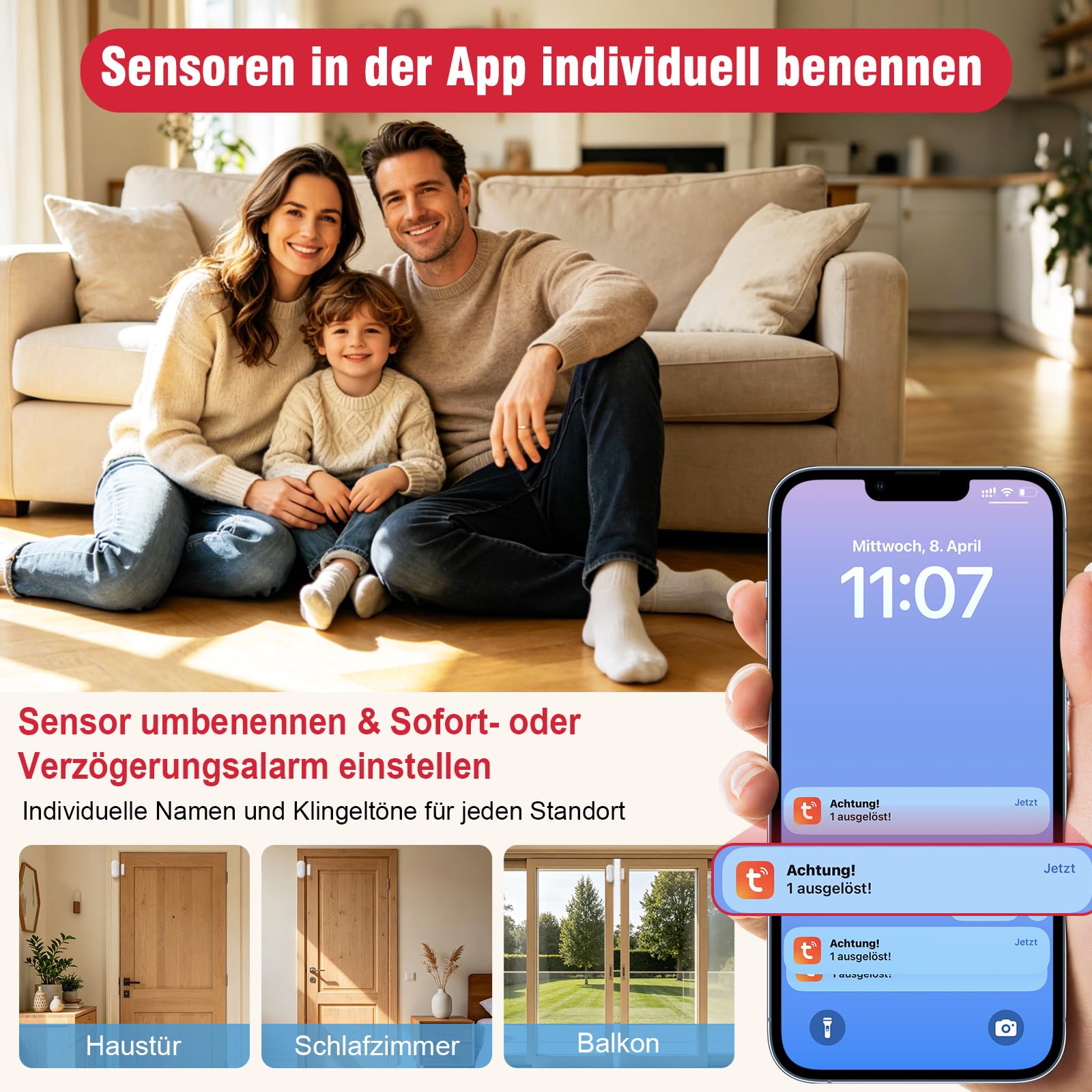 SanJie Alarma de puerta WiFi con notificación de aplicación, sensor de puerta y ventana con receptor, sensor de puerta de 110 dB, alarma para niños y mayores, sensor de puerta WiFi para hogar, oficina