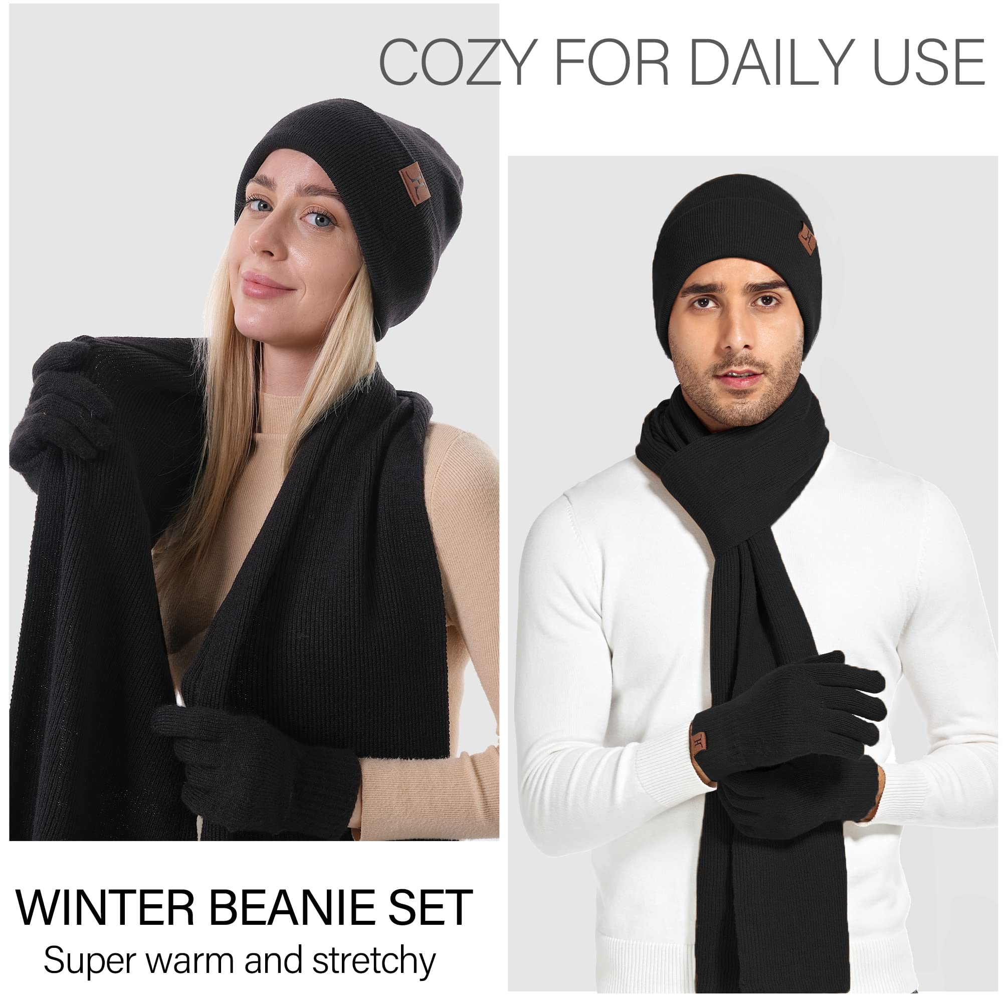 Herren Damen Winter Warm Beanie Mütze Lang Schal Touchscreen Handschuhe Set, Gerippte Strickmütze Wintermütze Schals Winterhandschuhe Geschenk Männer Weihnachten