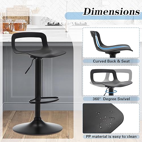Miniatura 5 de LSSPAID Juego de 2 taburetes de bar, taburetes de bar ajustables de altura de mostrador, sillas de bar de metal para isla de cocina, color negro