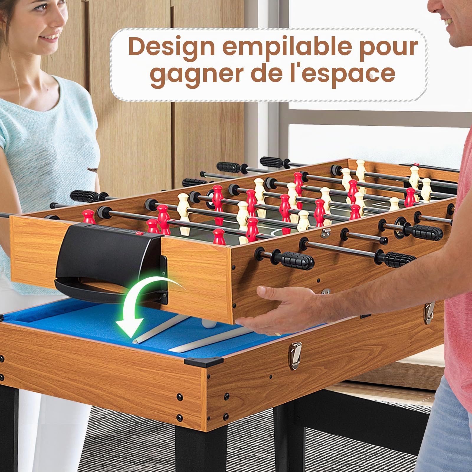 Homasis Table de jeux en bois 3 en 1 avec table de hockey sur air, billard, football, salle de jeux pour enfants et adultes