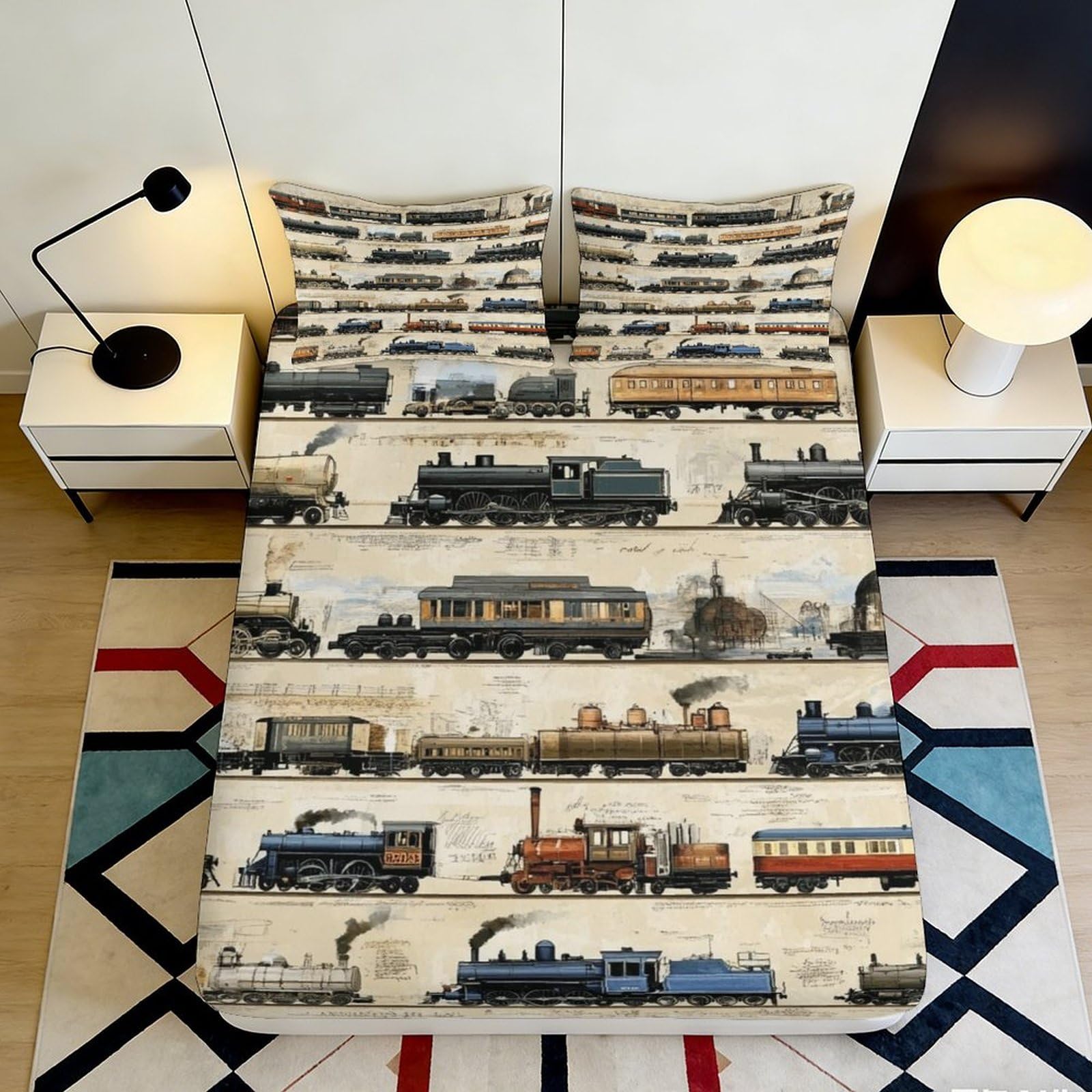3D Printed Vintage Train Fitted Sheet Microfiber Durable Soft Beige Locomotive Bed Sheet Mattress Cover for Bedroom Dormitory Guest Room Protection 90x200x25cm
