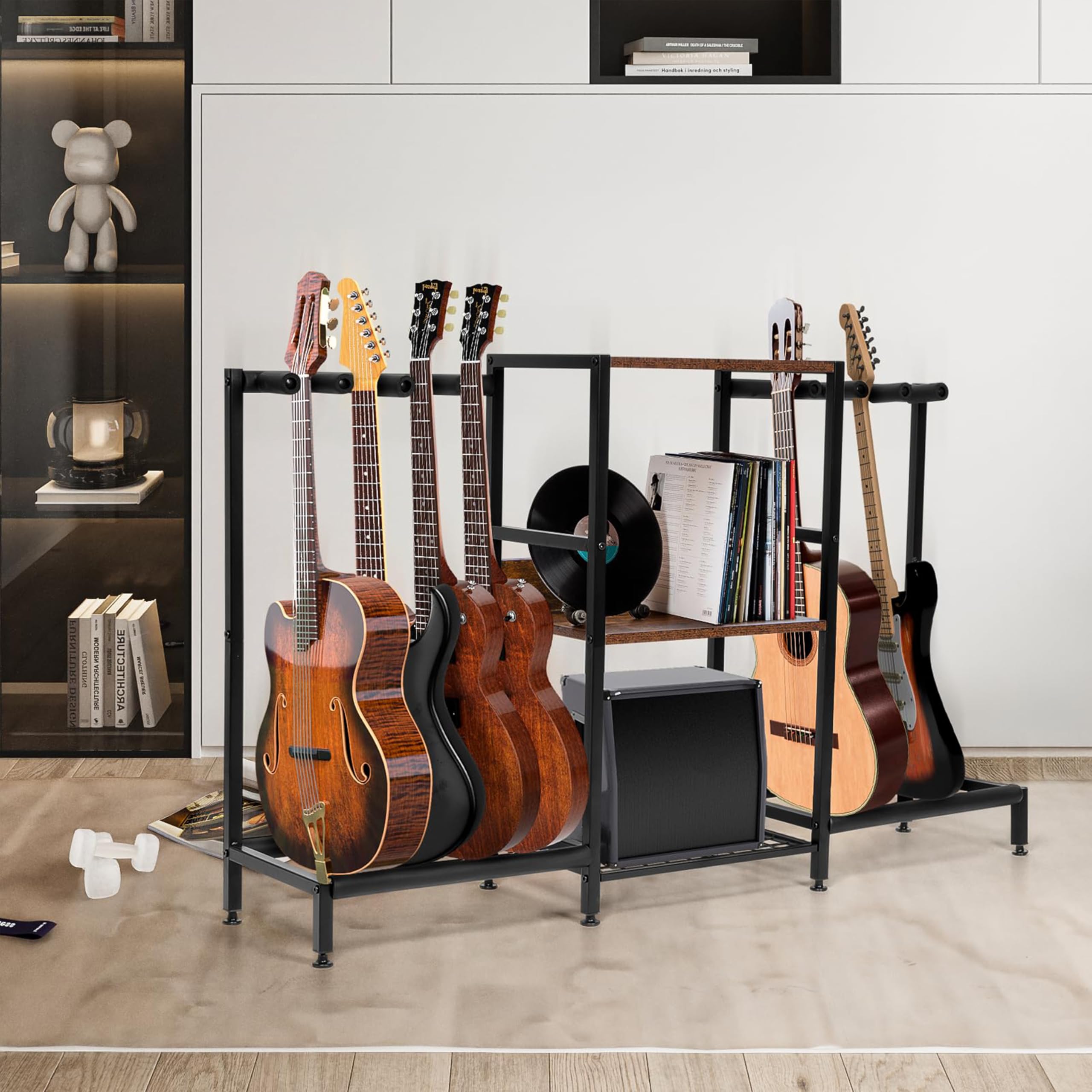 MYOYAY Supporto per chitarra con vano portaoggetti, supporto per chitarra multiplo con 3 piani, supporto per chitarra in legno con giradischi per studio di casa, sala musicale