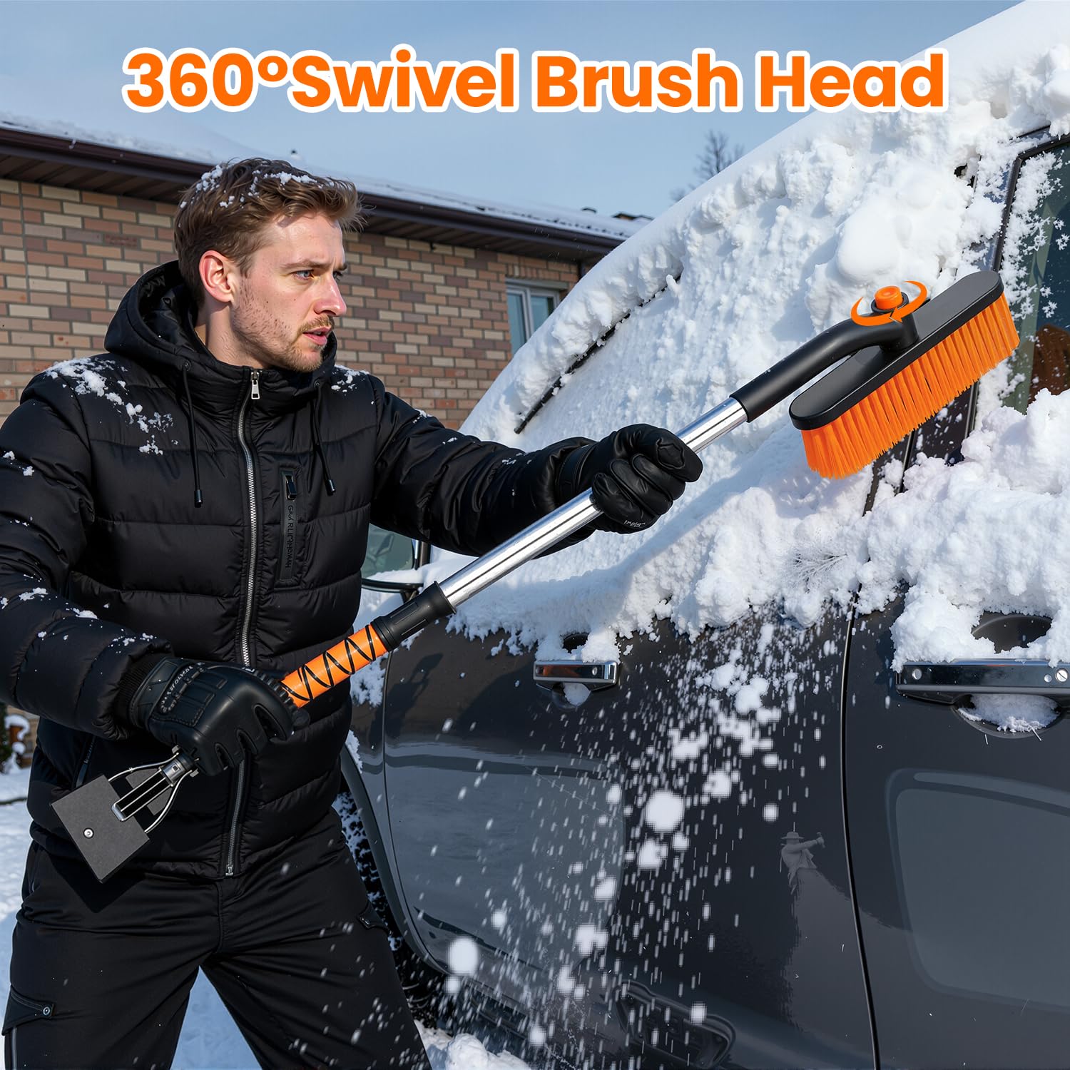Rascador de hielo y cepillo de nieve 2 en 1 mejorado para automóvil, extensible hasta 33 pulgadas con cómodo agarre de espuma y cabezal giratorio para camiones, SUV, parabrisas de