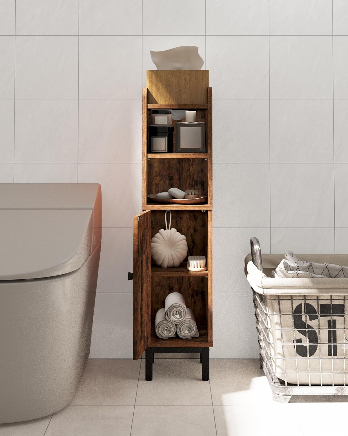 Bathroom cabinet filled with various items, showing its storage capacity for toiletries, towels, and toilet paper.