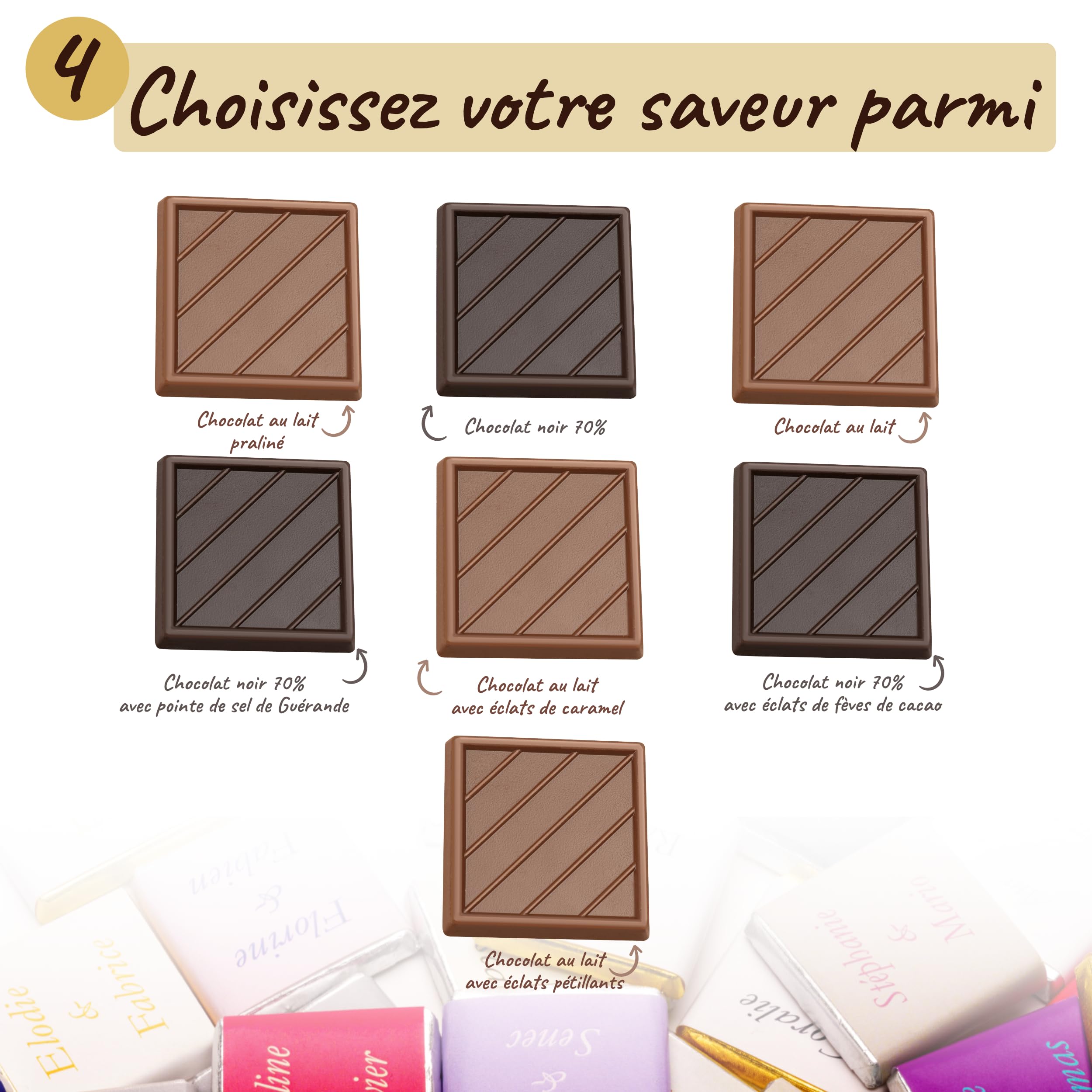 Coffret de 70 Carrés de Chocolat Personnalisés avec Textes et Couleurs | Personnalisez votre Texte et vos Couleurs, 7 Saveurs au Choix, 100% Pur Beurre de Cacao, Fabriqué en France, 350 Gr