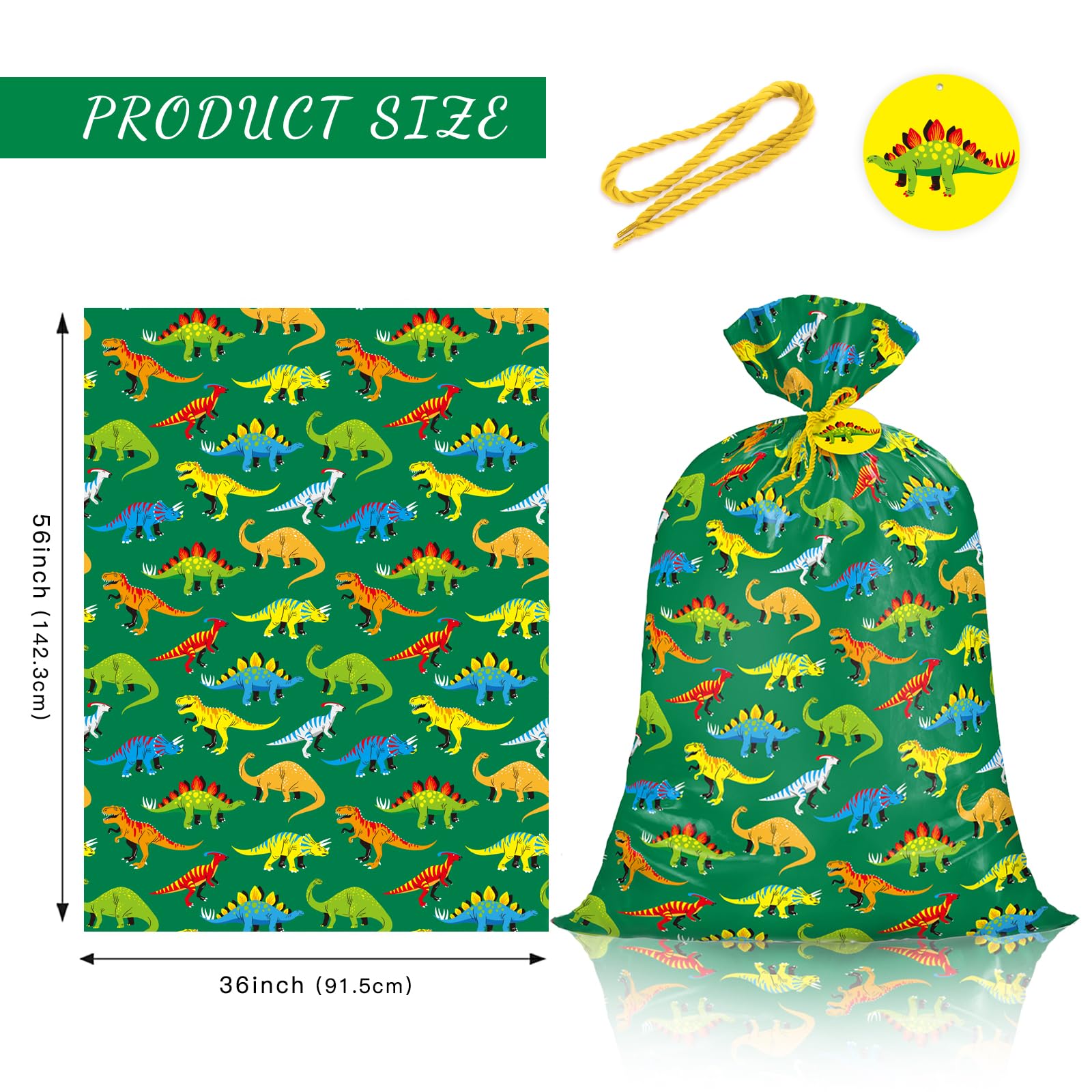 WRAPAHOLIC 56" Extra Large Dinosaur Gift Bag - Green Dinosaur Jumbo Bike Bag Gift Wrap for Girl Kids Boy Birthday, Baby Shower, Dino Party - 56" H x 36" W