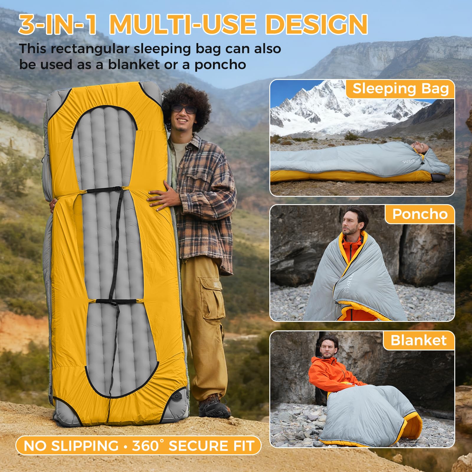 ATEPA Saco de Dormir de plumón para mochilero, Ultraligero, 650 FP, -6.7 °C/-1.1 °C 4 Estaciones, Saco de Dormir de 2 Piezas, Material reciclable con Saco de compresión, como Manta, Color Gris