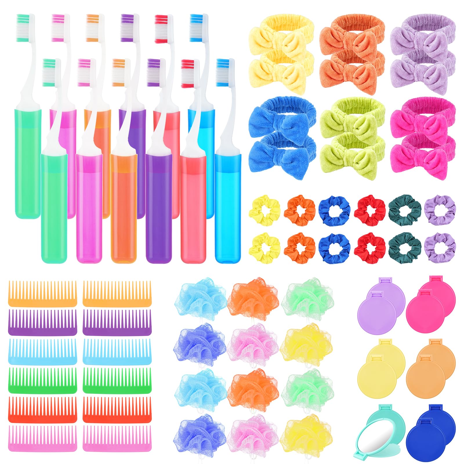 72 pz regali di Natale Spa Party Favors, Sleepover Party Supplies Colorful Wide Dente Pettini Spazzolino Cerchietti Bagno Loofah Doccia Anelli per Capelli Specchi Compatti per Calza Stuffers Regali